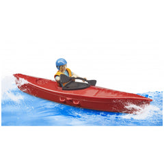 Red Bruder kayak toy with figure wearing blue helmet and life jacket, paddling through simulated water.