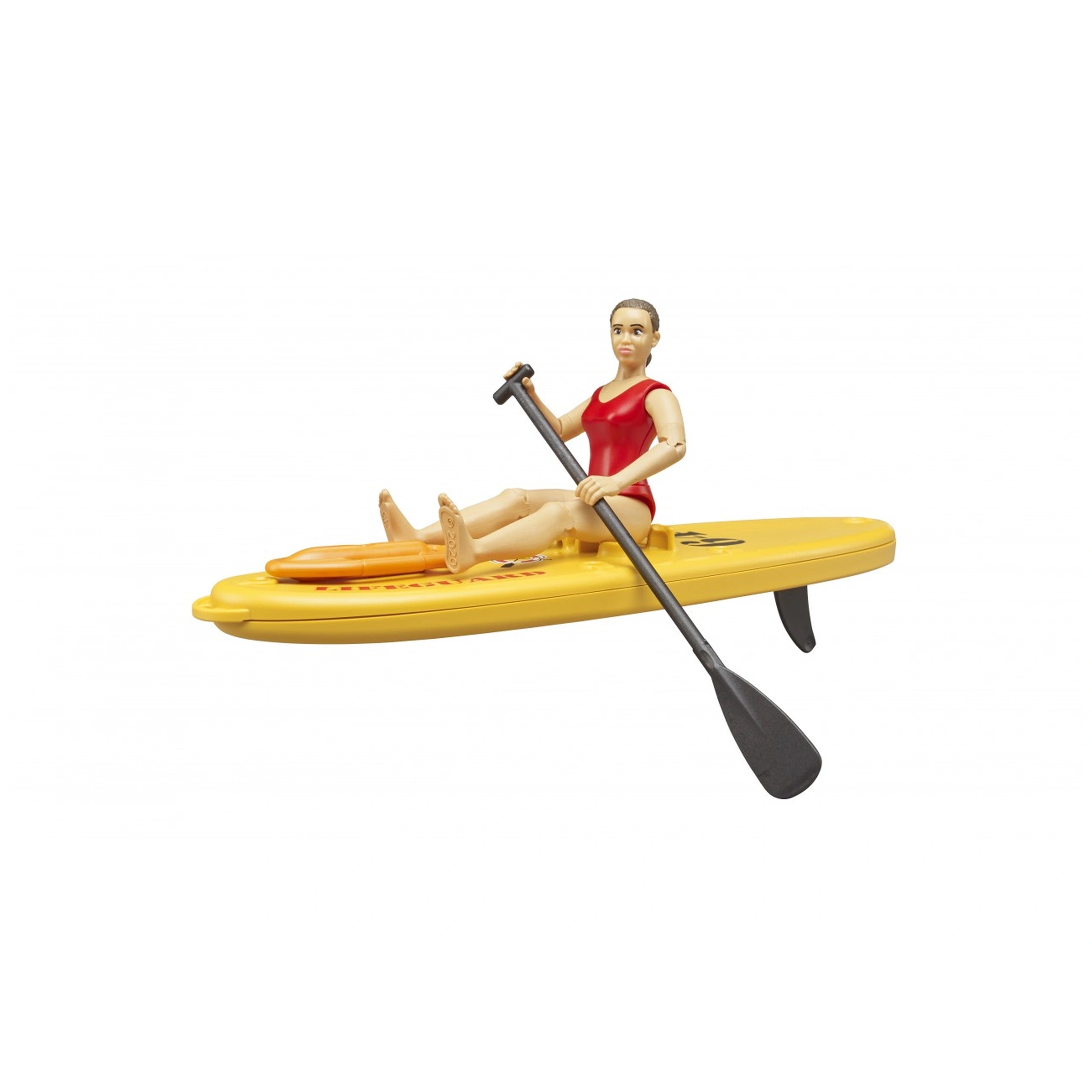 Lifeguard figure on a yellow stand-up paddleboard holding a paddle, wearing a red swimsuit.