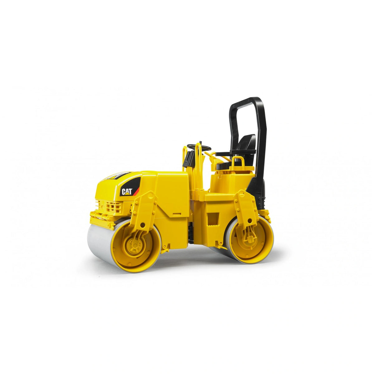 Yellow Bruder CAT Asphalt Drum Compactor toy with black seat and realistic details, showcasing construction play features.
