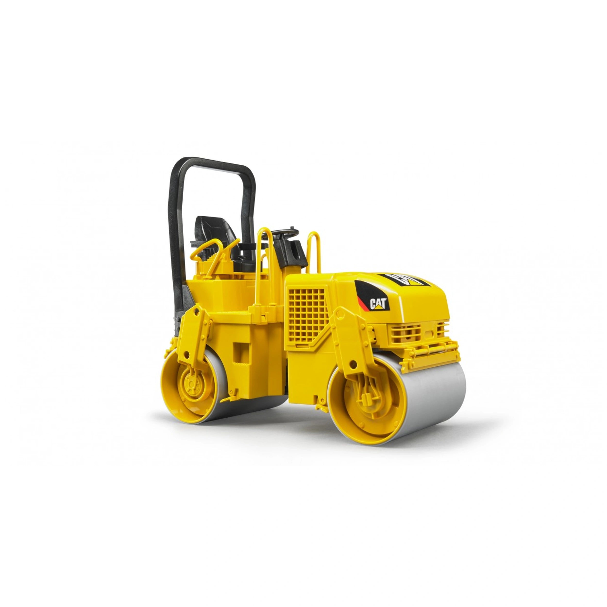 Yellow Bruder CAT Asphalt Drum Compactor toy with realistic design and sharp bend steering on a white background.