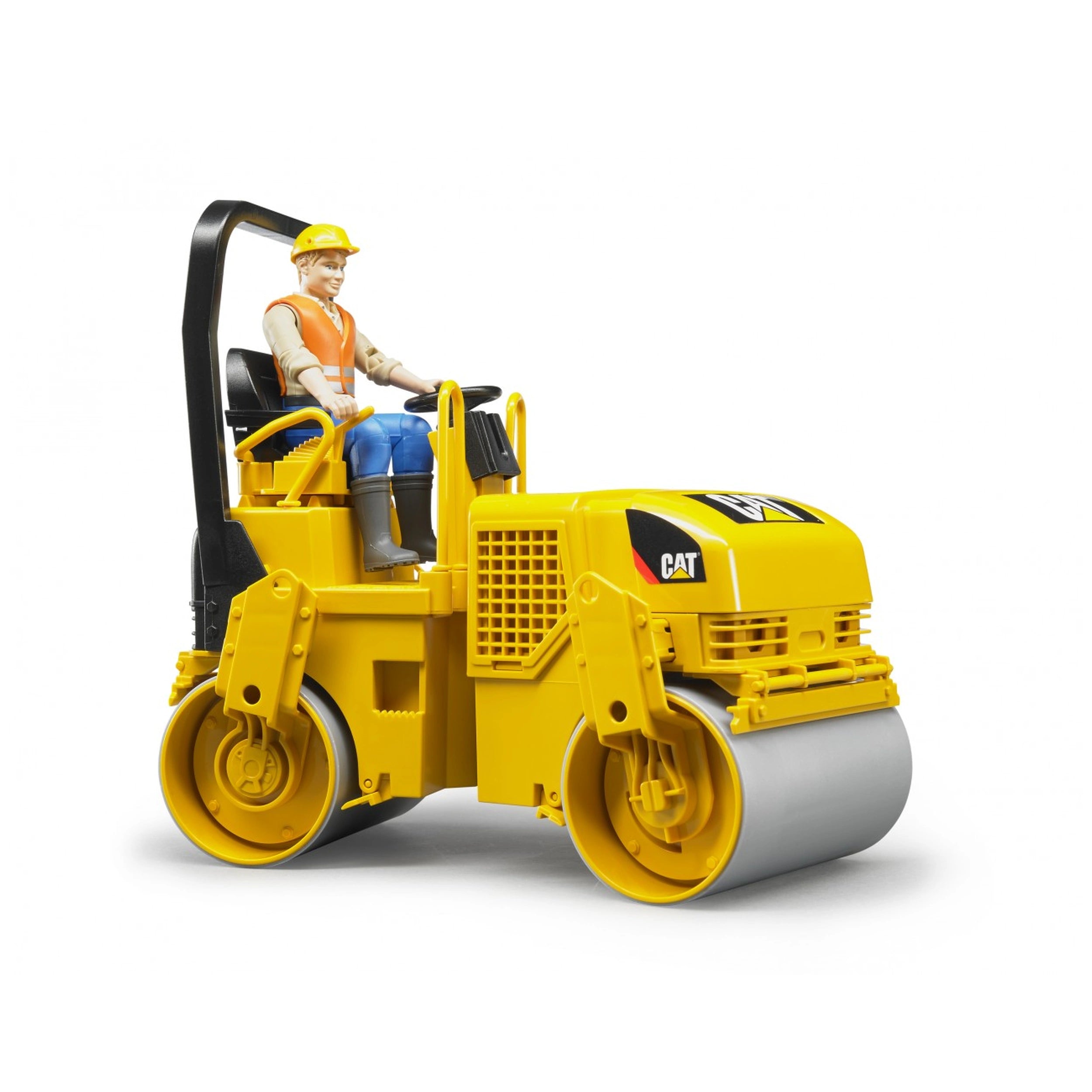 Yellow Bruder CAT Asphalt Drum Compactor toy with operator figure, featuring realistic details and steering mechanism.