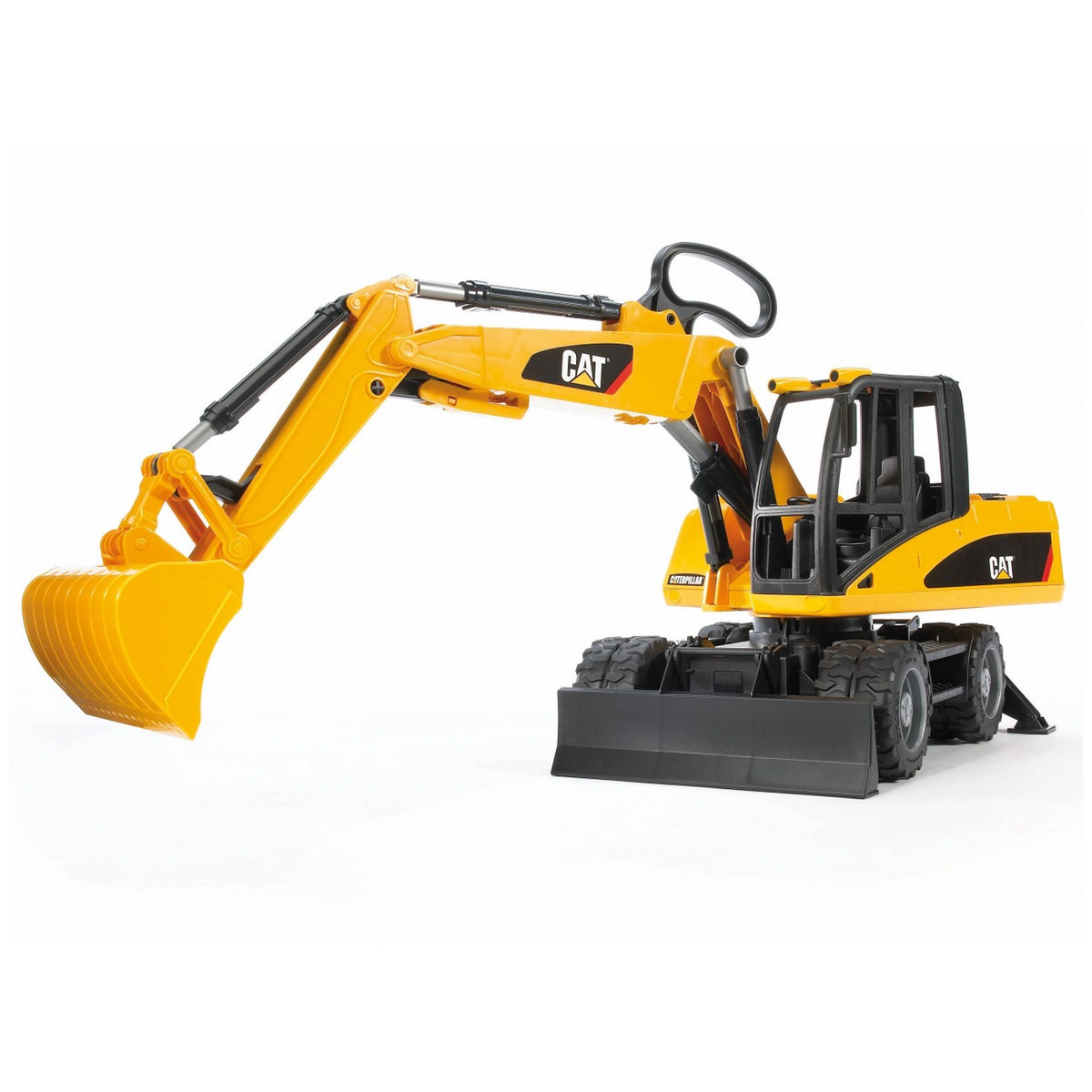 Yellow Bruder CAT wheel excavator toy with articulated boom, black wheels, and detailed cabin, designed for imaginative play.