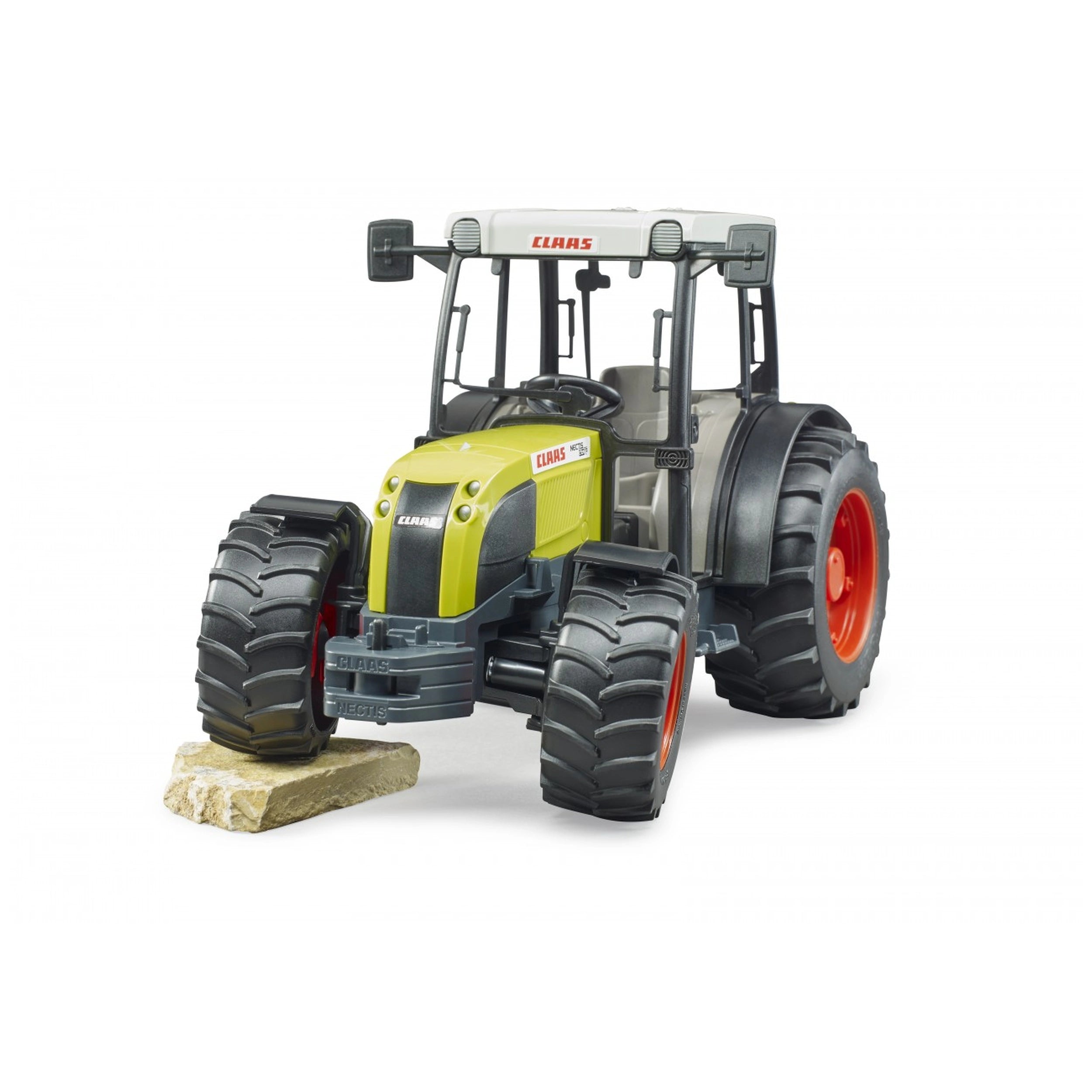 Bruder Claas Nectis 267 F toy tractor with treaded tires and detachable front loader on a white background.