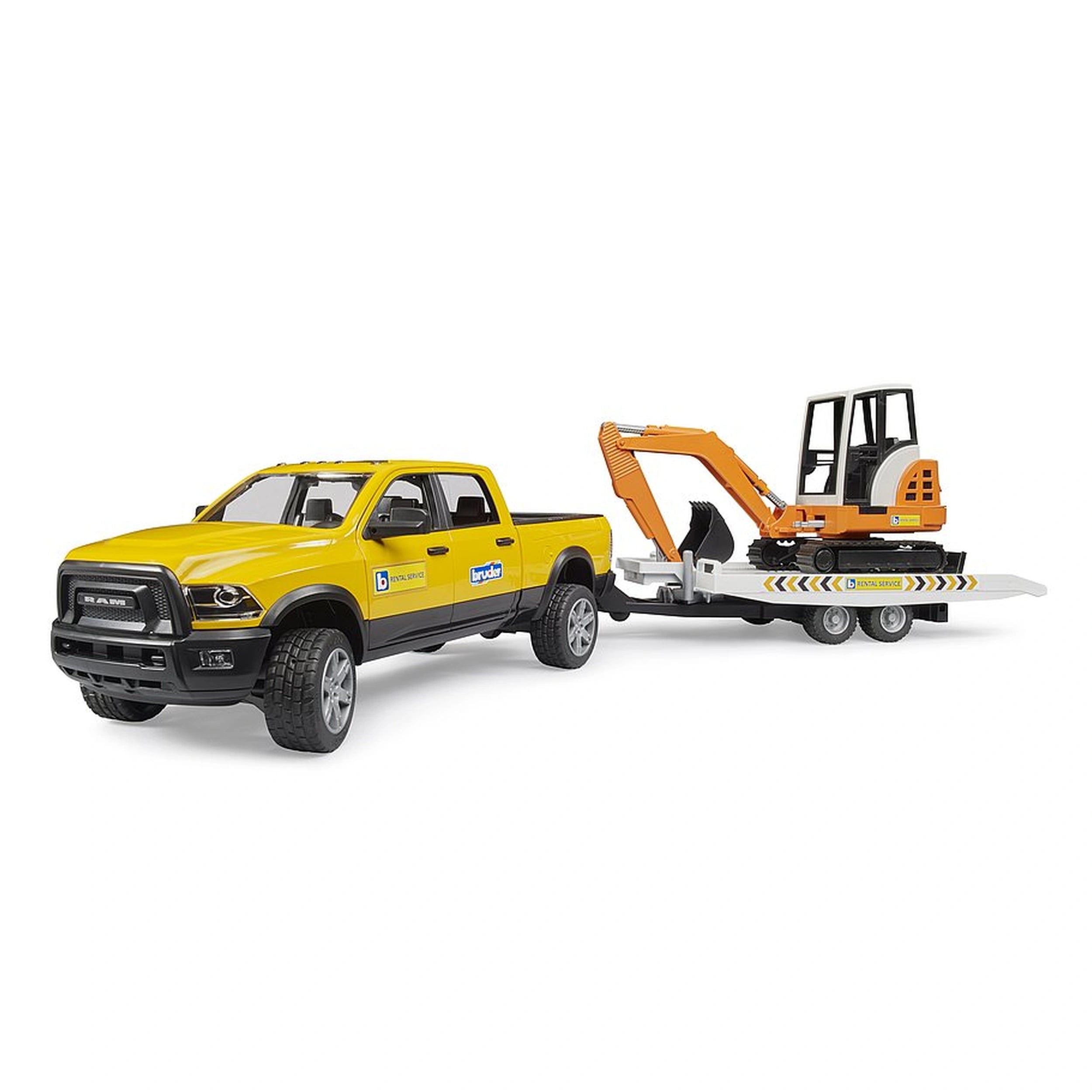 Yellow RAM truck with Bruder branding towing an orange mini excavator on a trailer, designed for imaginative play.