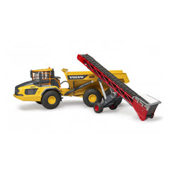 Yellow Volvo A60H dump truck with a red conveyor belt attachment, designed for hauling and material handling play.