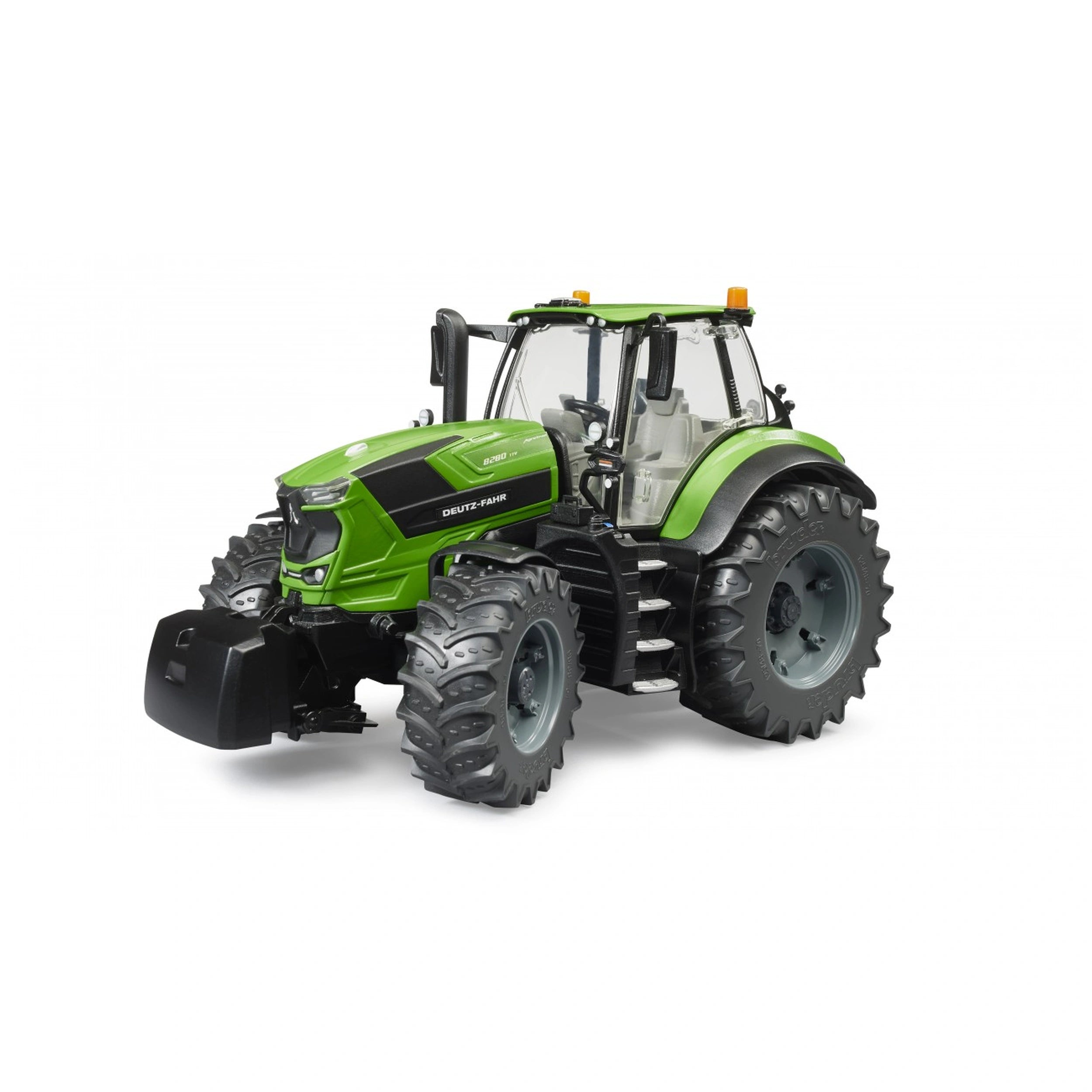 Bright green Bruder Deutz 8280 TTV toy tractor with rugged tires and glazed cab, angled view.