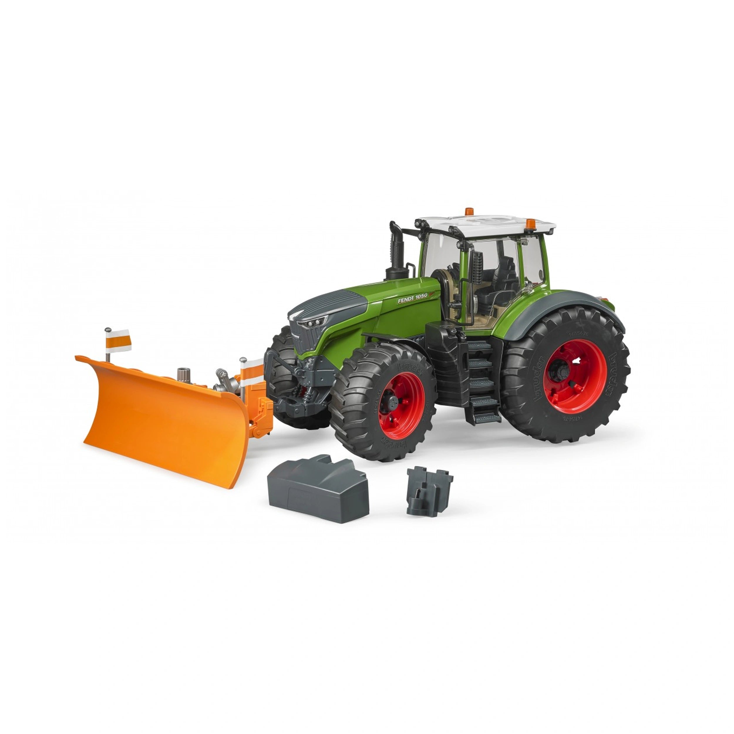 Green Bruder Fendt 1050 Vario toy tractor with orange front attachment and removable parts.