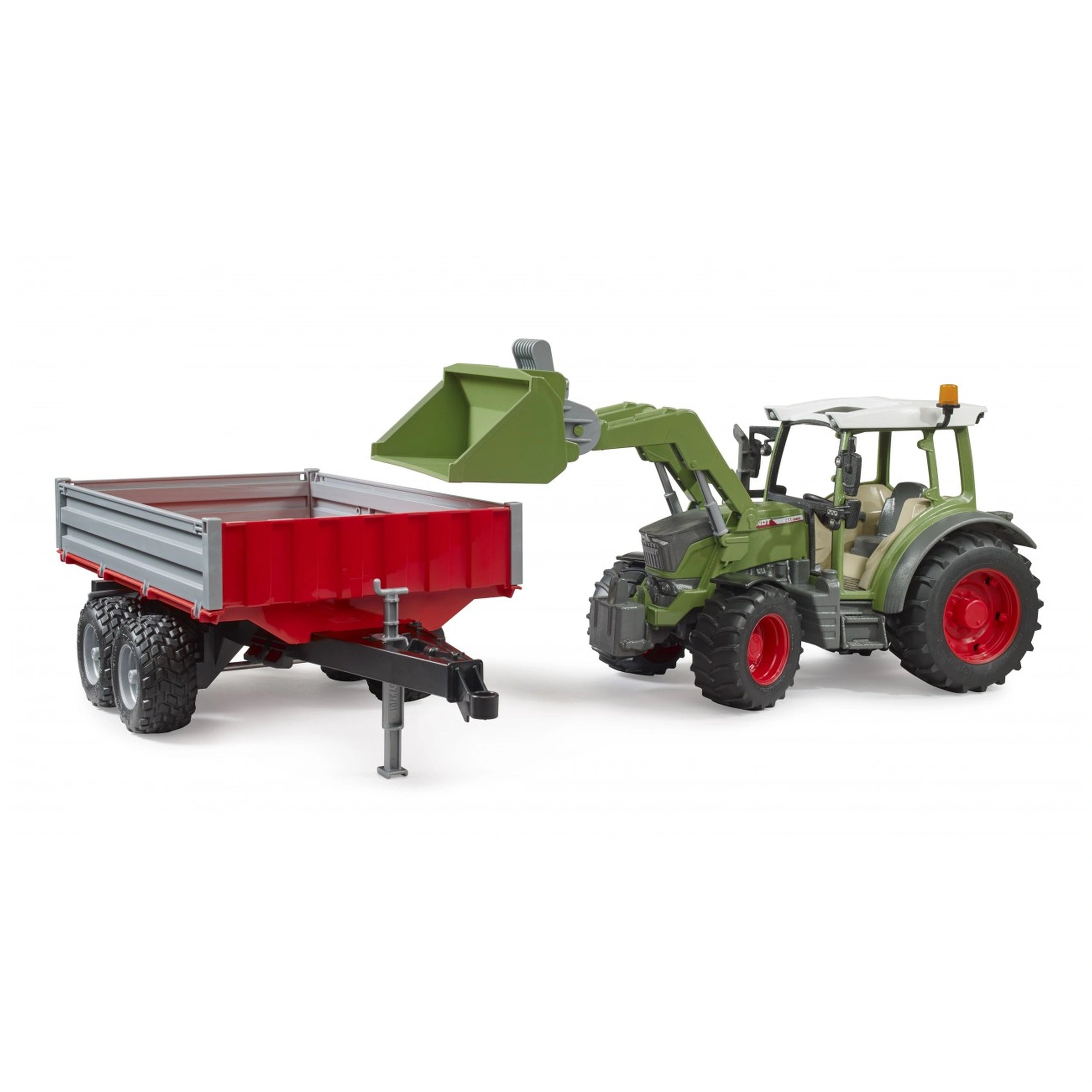 Green Fendt Vario 211 toy tractor with red tipping trailer and frontloader, designed for educational play.