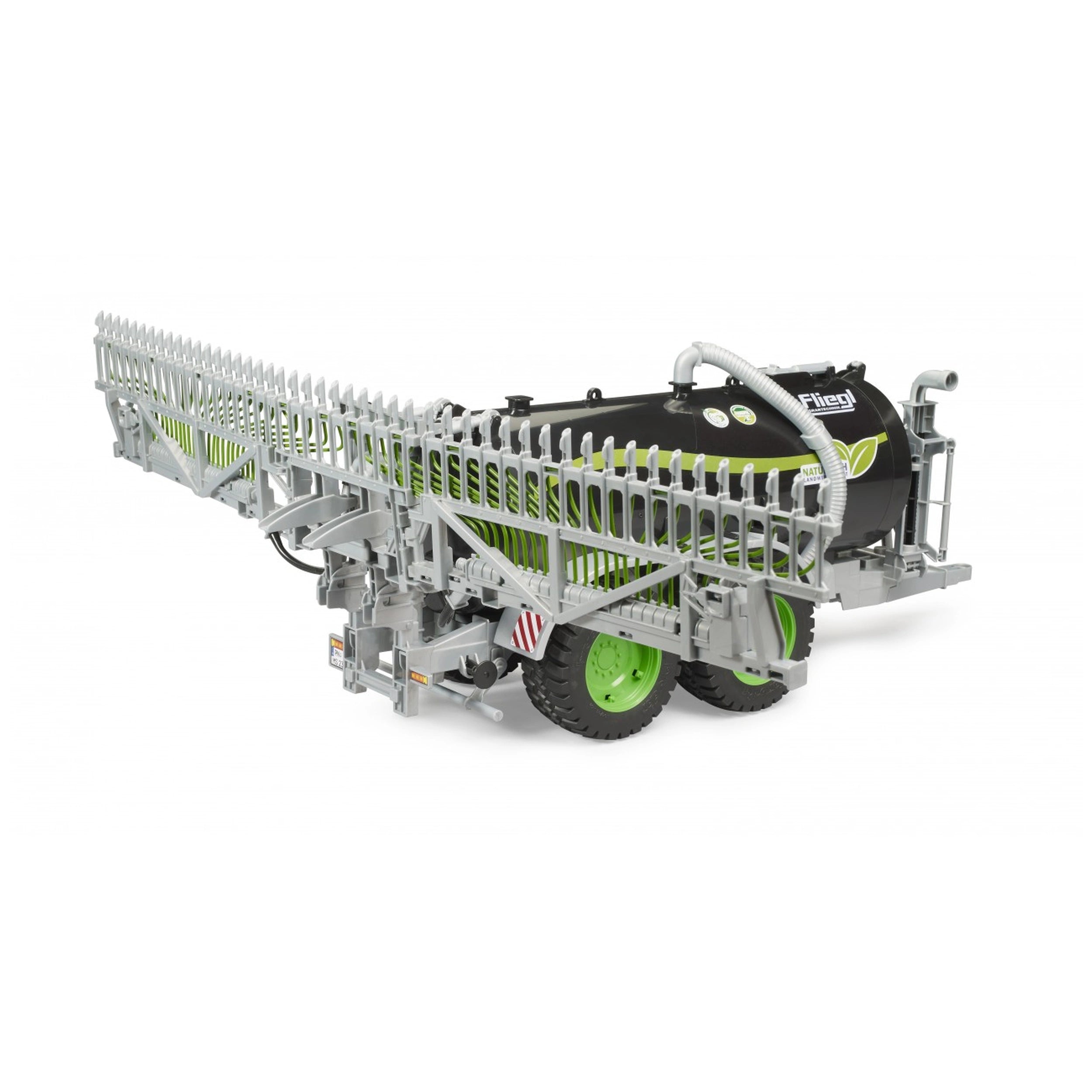 Fliegl Barrel Trailer toy, green and black with gray framework, realistic features for farming play, on white background.