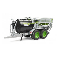 Bruder Fliegl Barrel Trailer with dual wheels, black tank, green accents, and hose distributor on white background.
