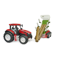 Red Bruder ROADMAX tractor with forwarding trailer carrying three tree trunks, featuring large tread tires.