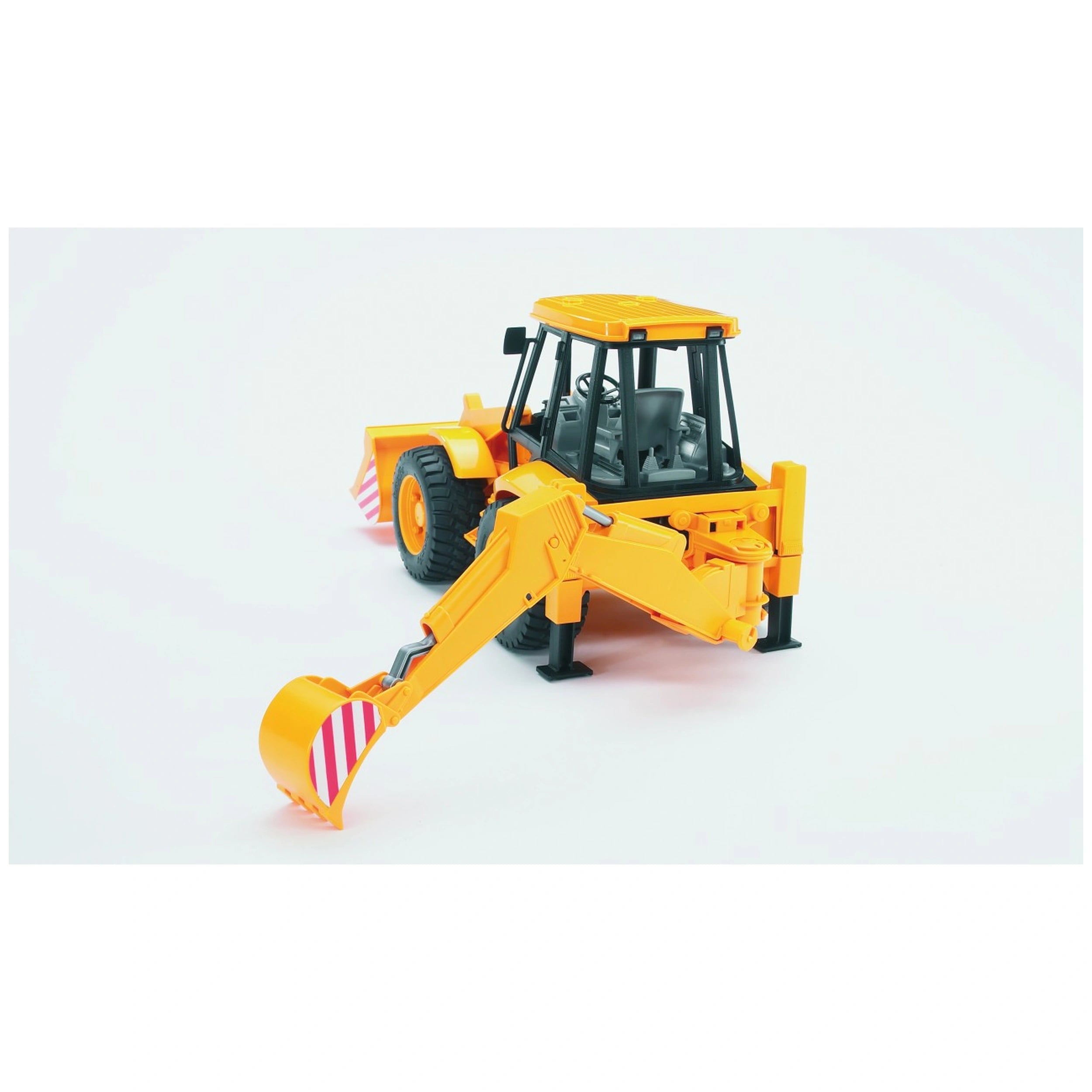 Orange Bruder JCB 4CX backhoe loader toy with detailed cabin, front loader, and stabilizer legs on a white background.