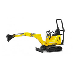 Yellow Bruder JCB Micro Excavator 8010 CTS toy with black tracks and excavator arm extended to the side.
