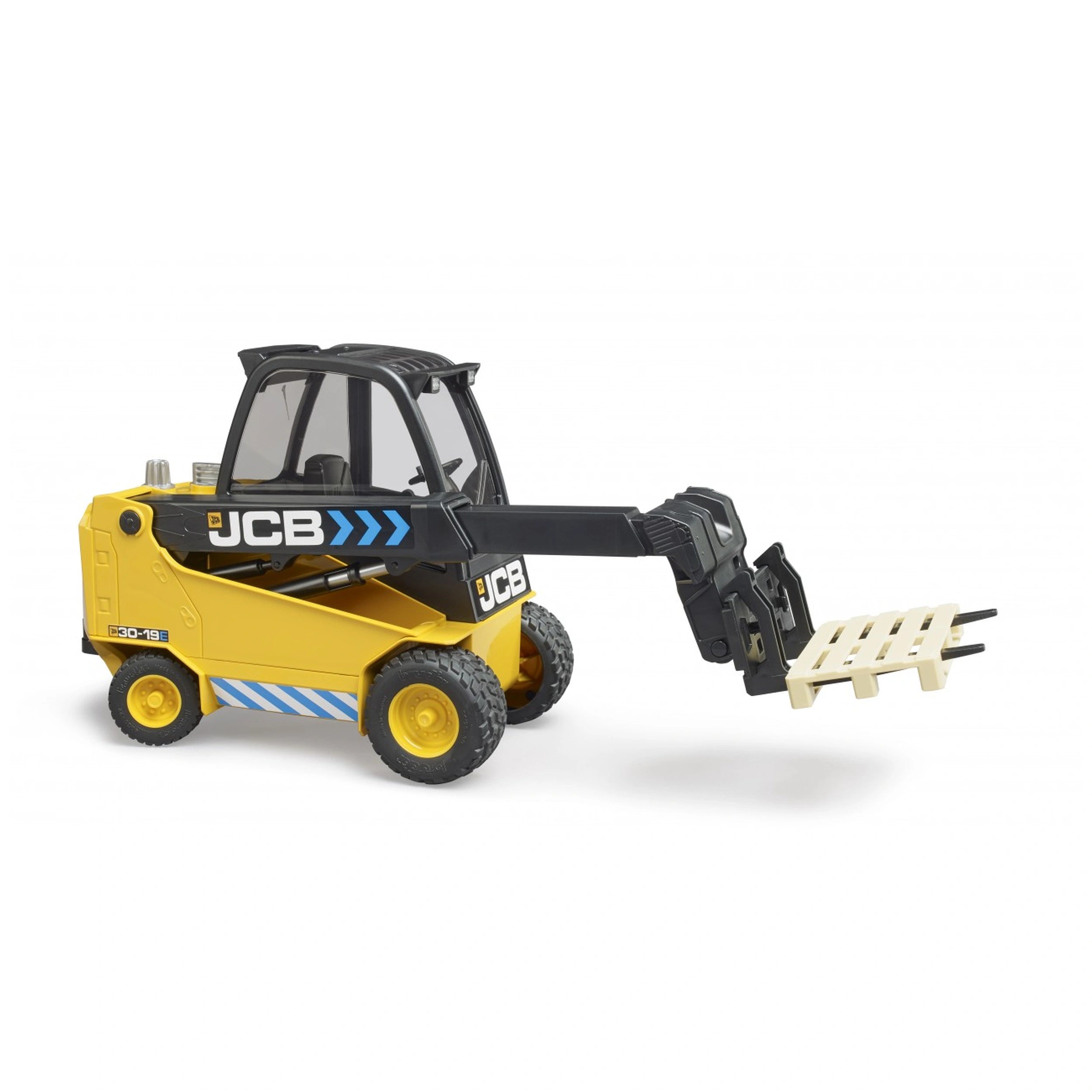 Yellow Bruder JCB Teletruck toy with black telescopic arm extended, holding a beige pallet.
