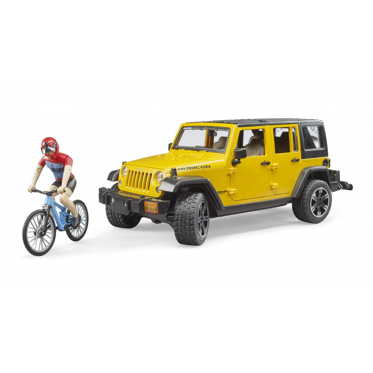 Yellow Jeep Wrangler Rubicon toy with cyclist on mountain bike, showcasing off-road adventure play.