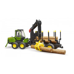 Green and yellow toy forwarder with crane holding logs, featuring detailed design and rotating grab.