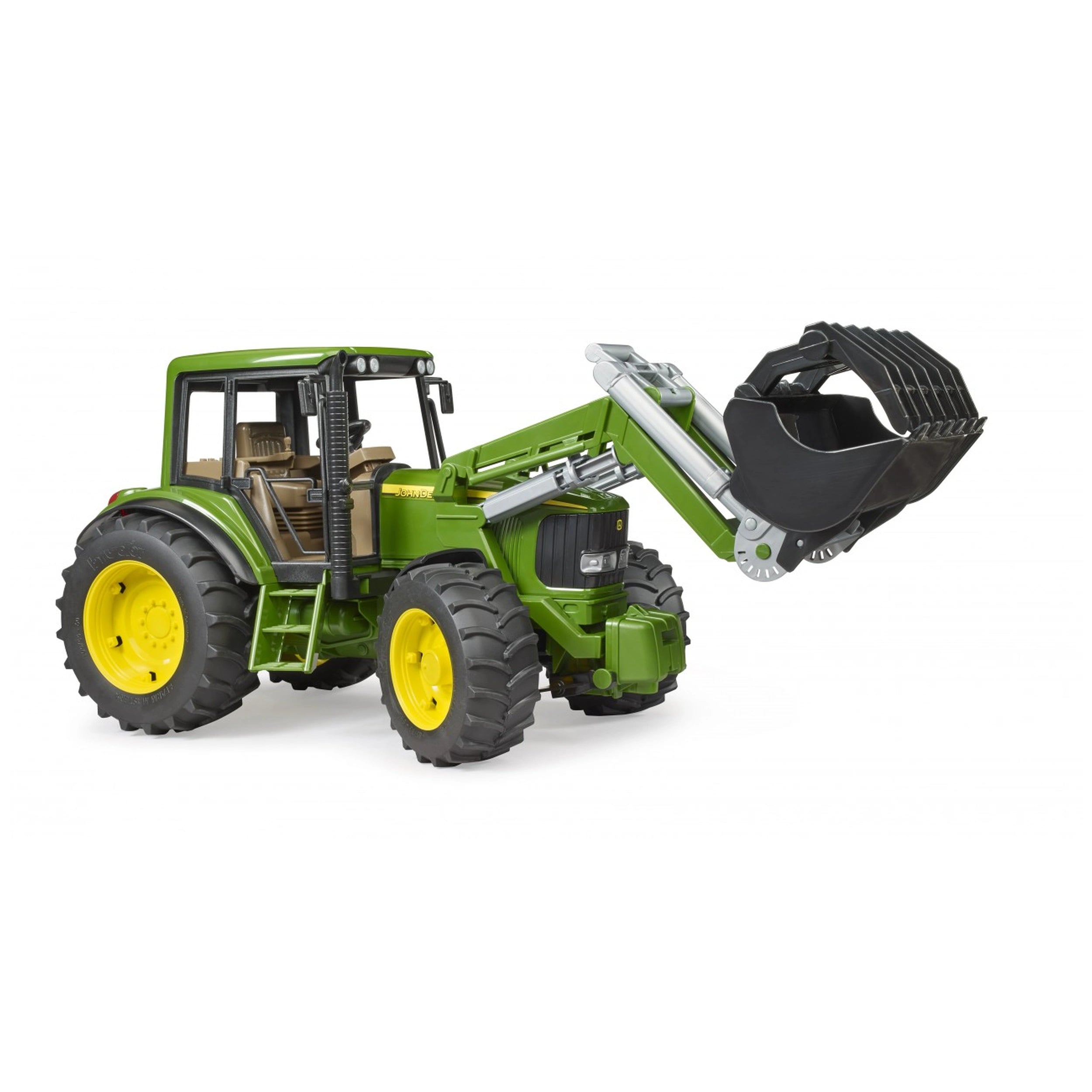 John Deere 6920 toy tractor with frontloader, green body, yellow wheels, detailed cab, and functional features.