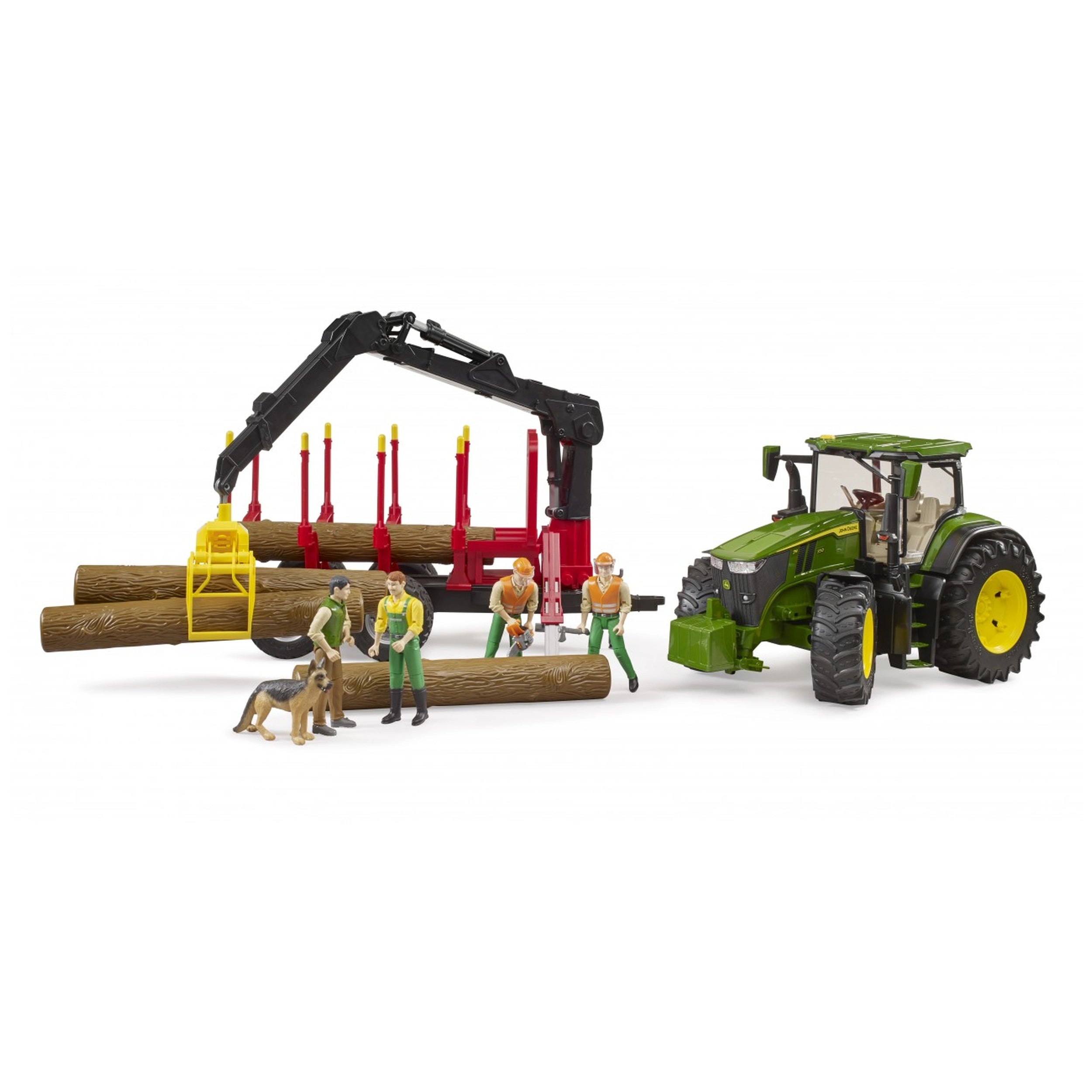 Bruder John Deere 7R 350 toy with forestry trailer, four trunks, three figures, and a dog, showcasing realistic farming details.