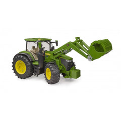 Green toy tractor model, Bruder John Deere 7R 350, features large yellow wheels and a movable front loader.