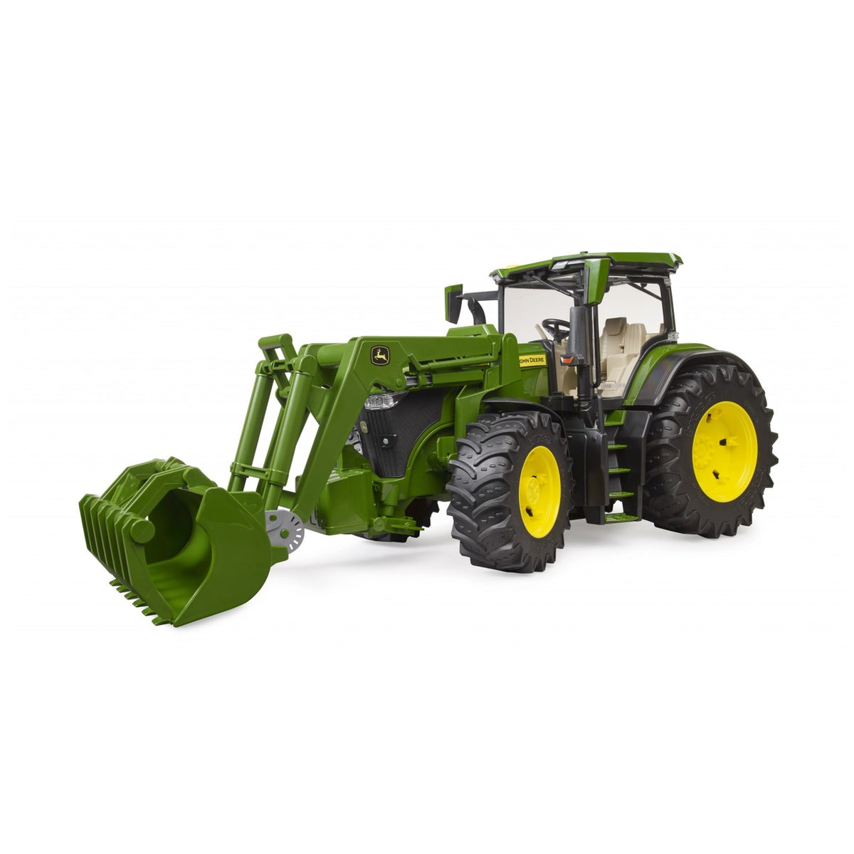 Green John Deere 7R 350 toy tractor with frontloader, featuring realistic details and large yellow wheels.