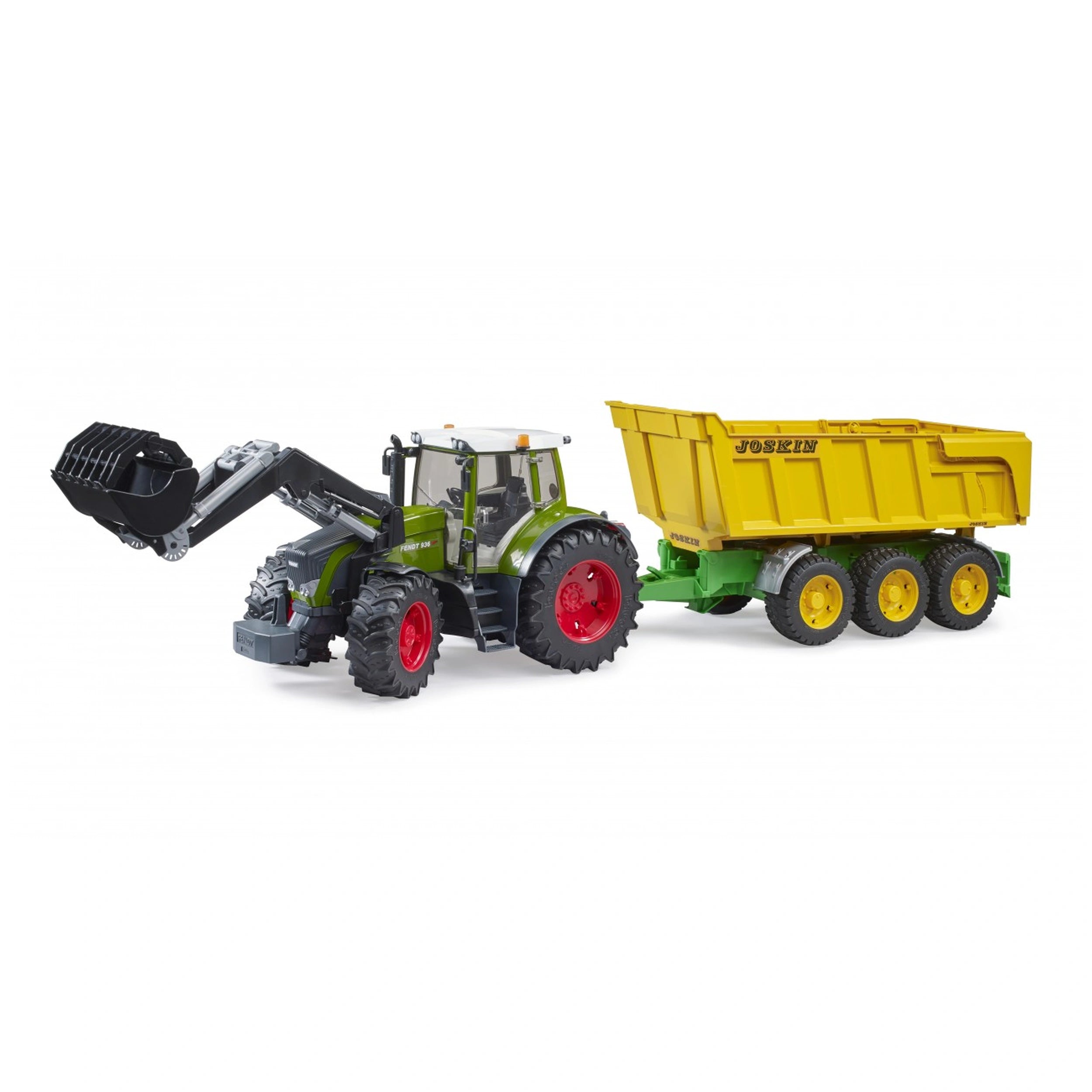 Bruder tractor with front loader and yellow Joskin tipping trailer, 1:16 scale model.
