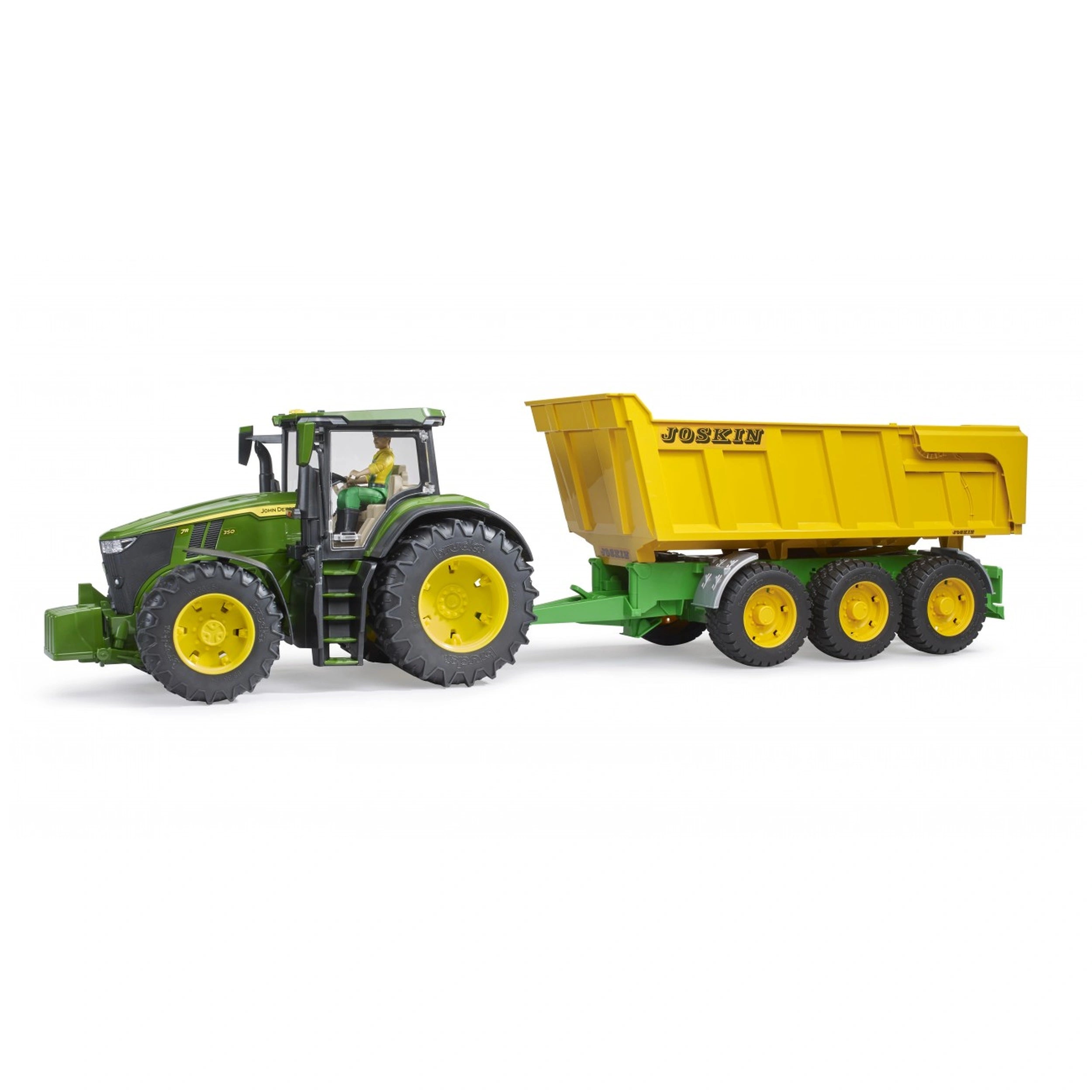 Green tractor with a yellow Joskin tipping trailer, featuring three axles and realistic detailing for imaginative play.