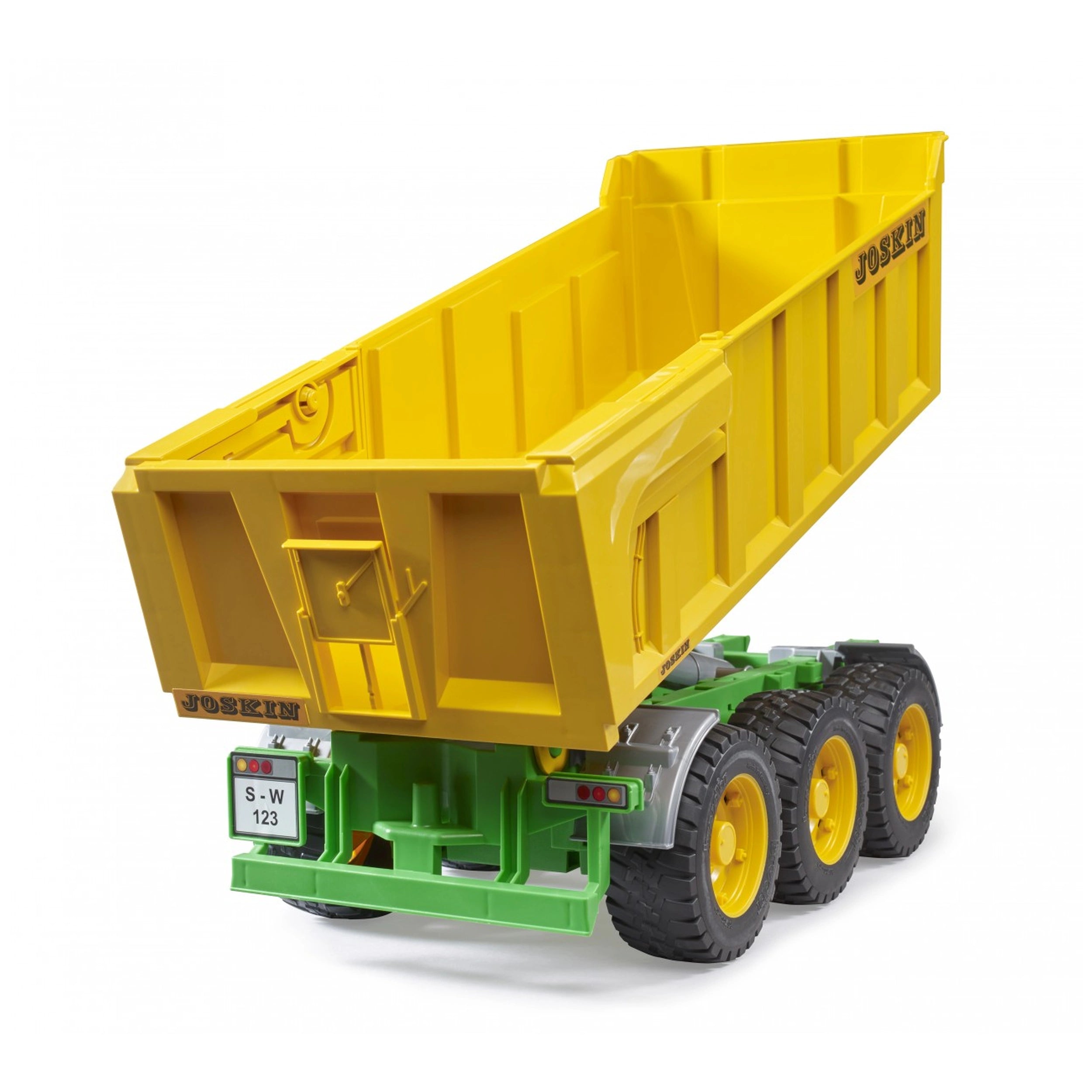 Yellow Bruder Joskin Tipping Trailer toy with raised bed, green chassis, and black wheels, showcasing realistic details.