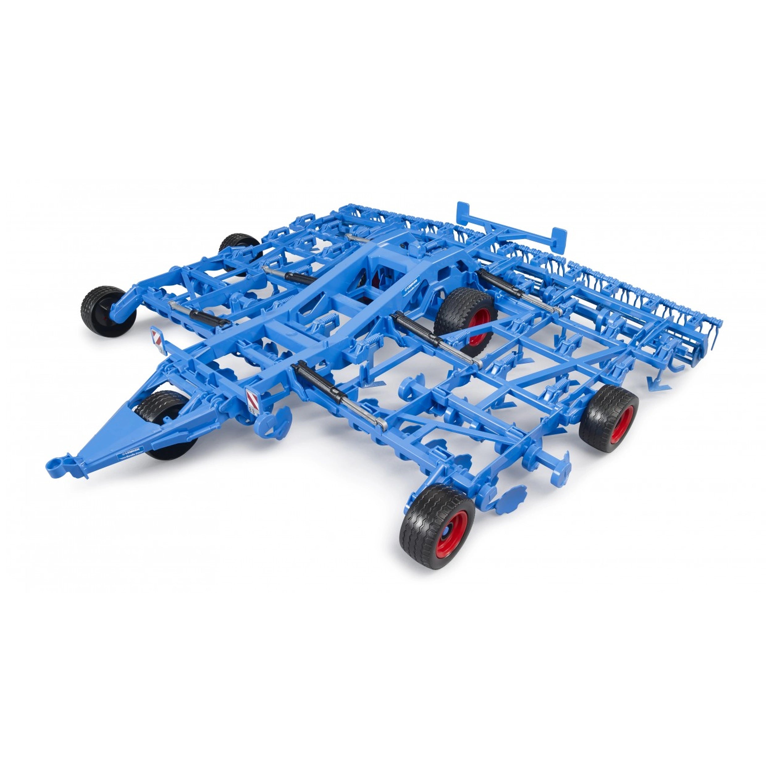 Blue Bruder Lemken Cultivator Koralin 9 model with black wheels and red hubs, showcasing detailed agricultural machinery design.