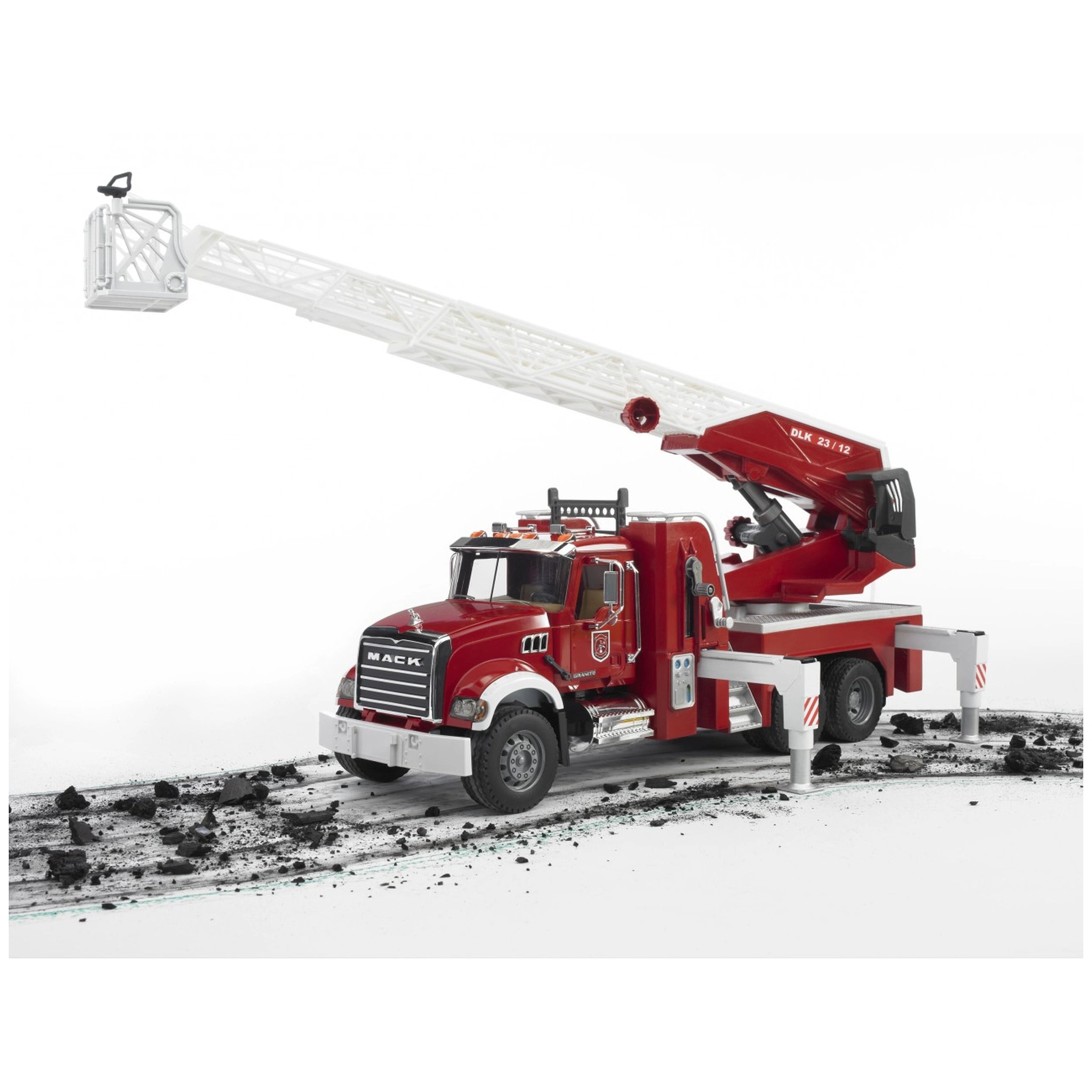 Red Bruder Mack Granite Fire Engine toy with extended ladder and steering capabilities on a white background.