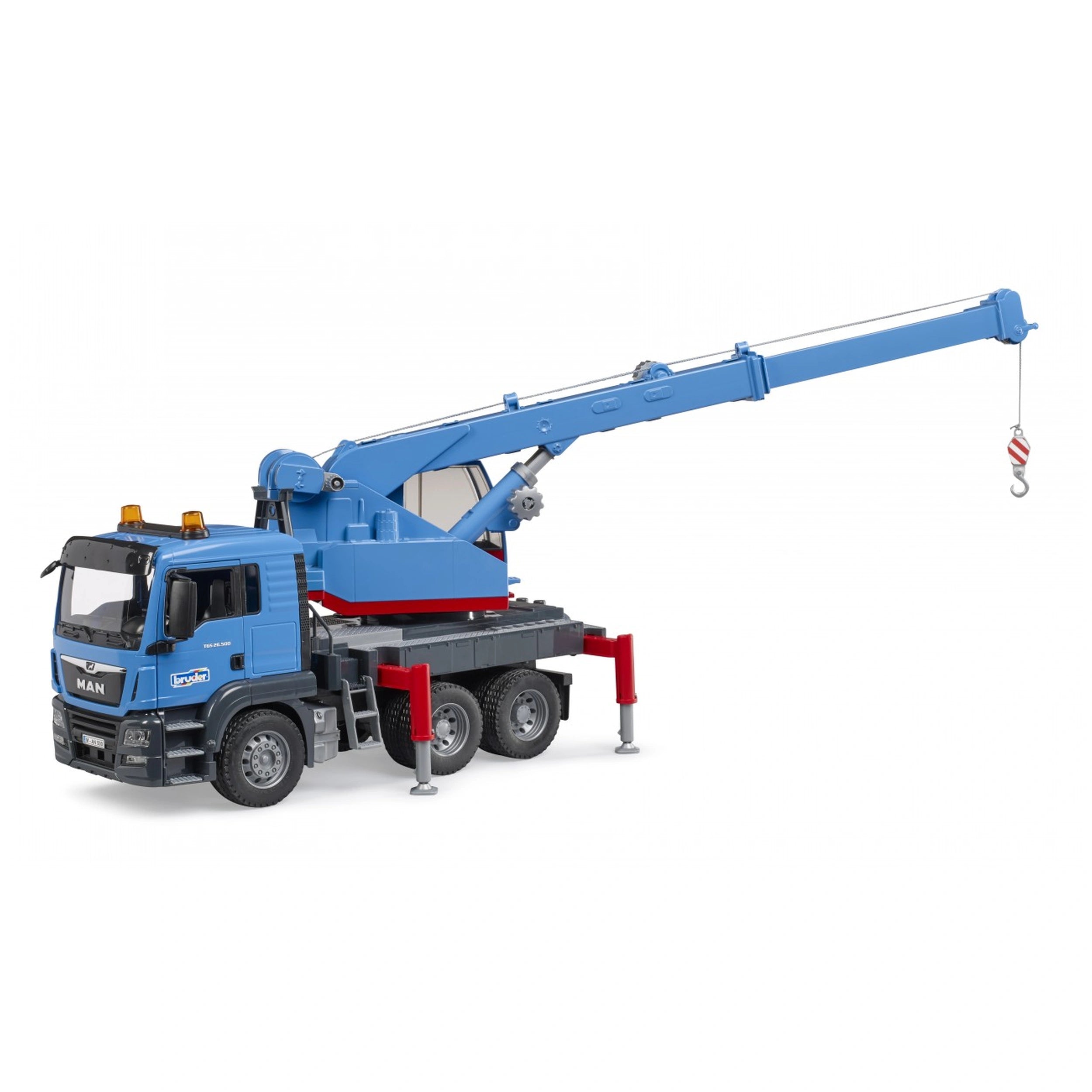 Blue Bruder MAN TGS crane truck toy with extended arm and functional hook, featuring a detailed cab and sturdy design.