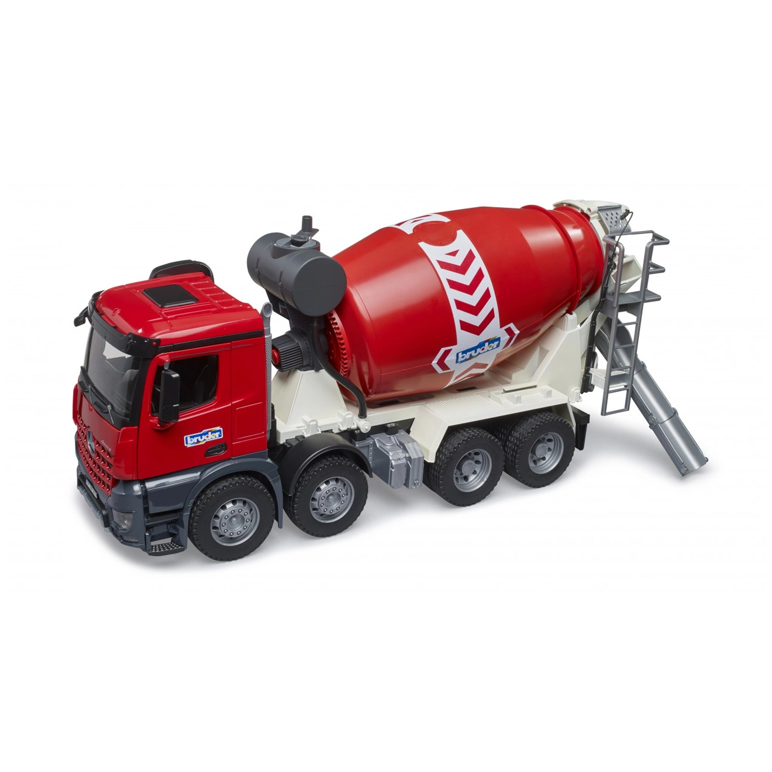 Red and white Bruder MB Arocs cement mixer toy truck with detailed elements, including wheels and a mixing drum.
