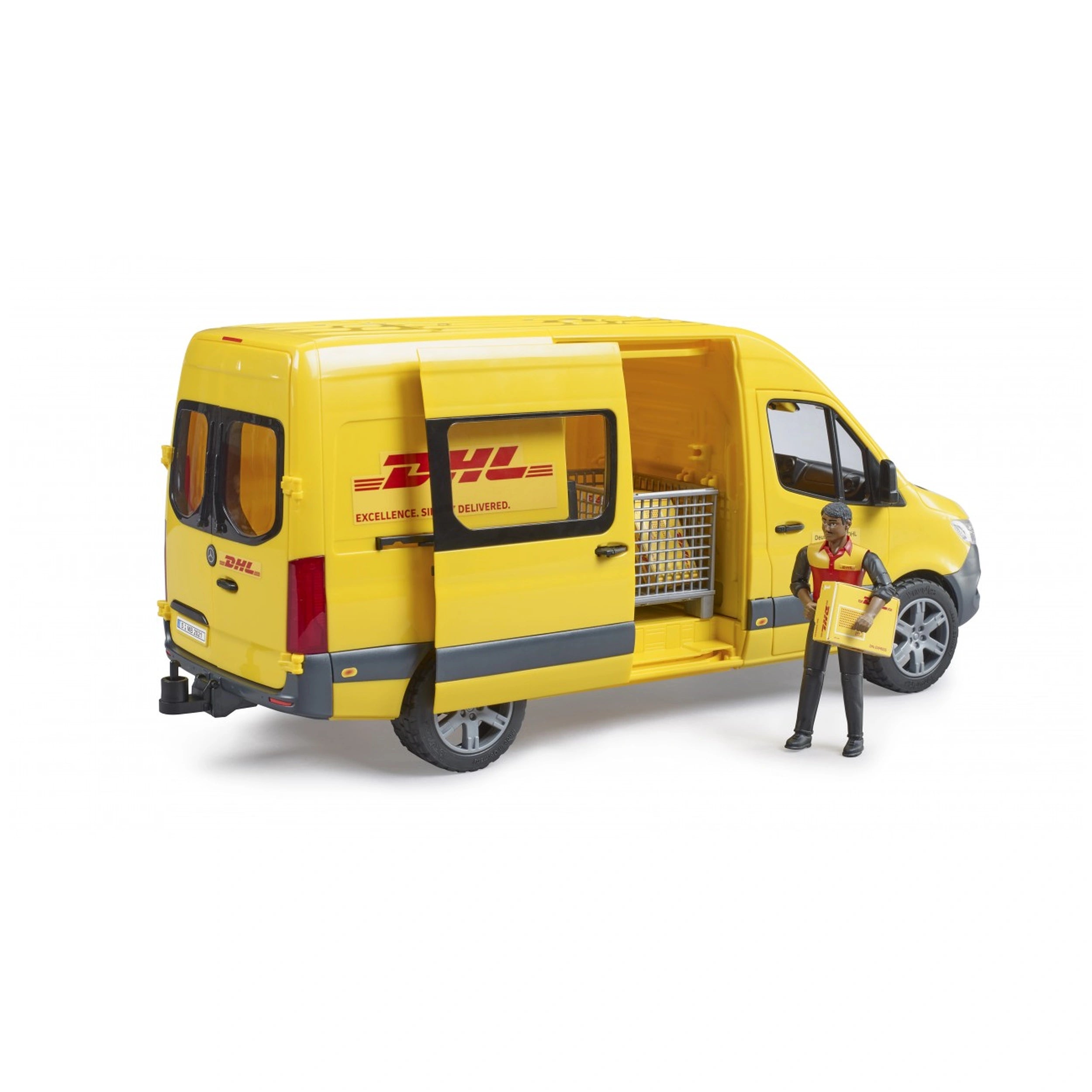 Yellow DHL delivery van toy with open door, driver holding package, showcasing interior cargo area with basket.