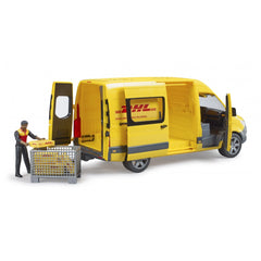 Yellow DHL toy van with open doors, driver figurine loading packages into the basket, emphasizing delivery and logistics play.