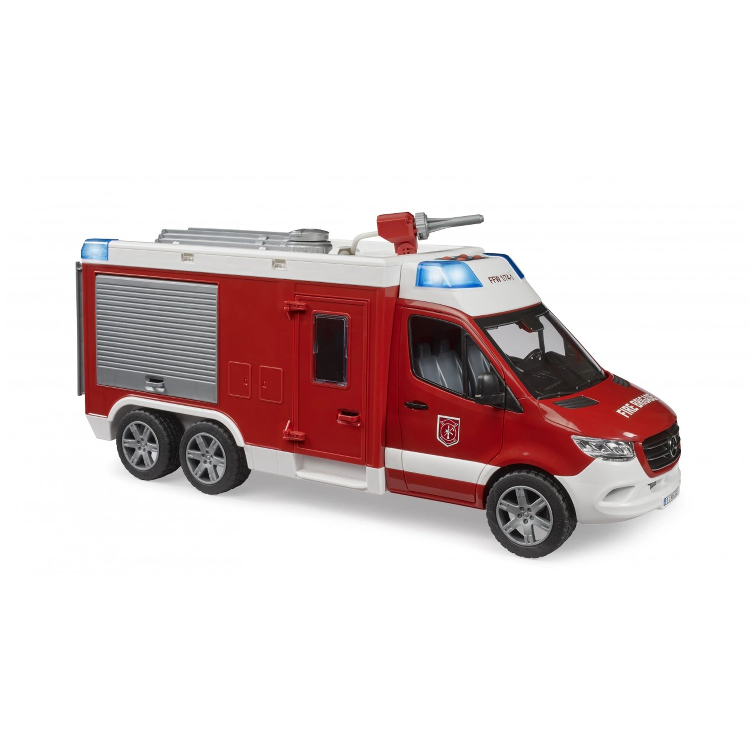 Red and white toy fire rescue vehicle with blue lights, detailed Mercedes Benz Sprinter model, side view.
