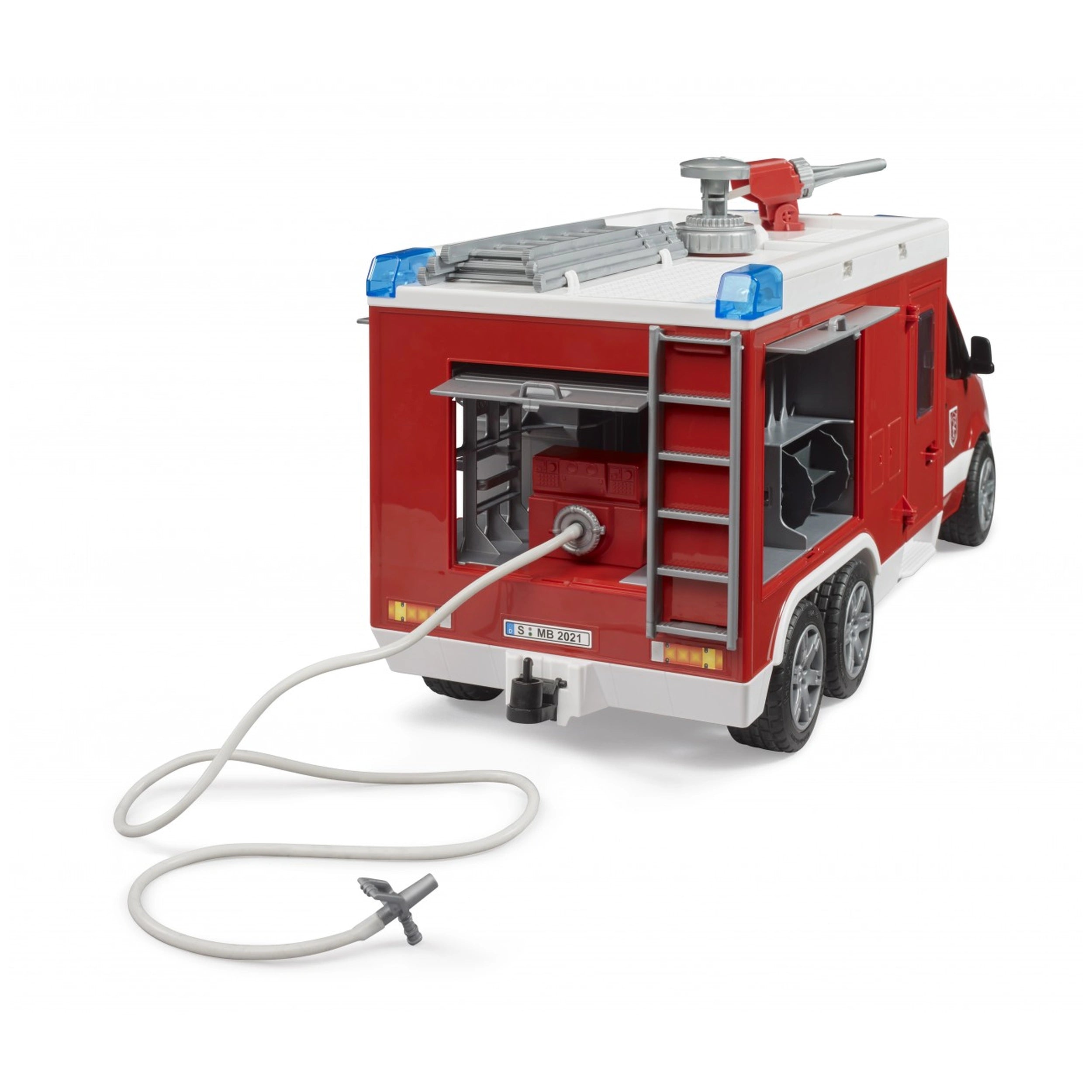 Red fire truck toy with ladder, hose, and open rear compartments, designed as MB Sprinter Fire Service Rescue Vehicle.