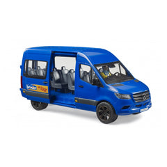 Blue MB Sprinter toy vehicle with open door, driver figure inside, and adjustable seating for imaginative play.