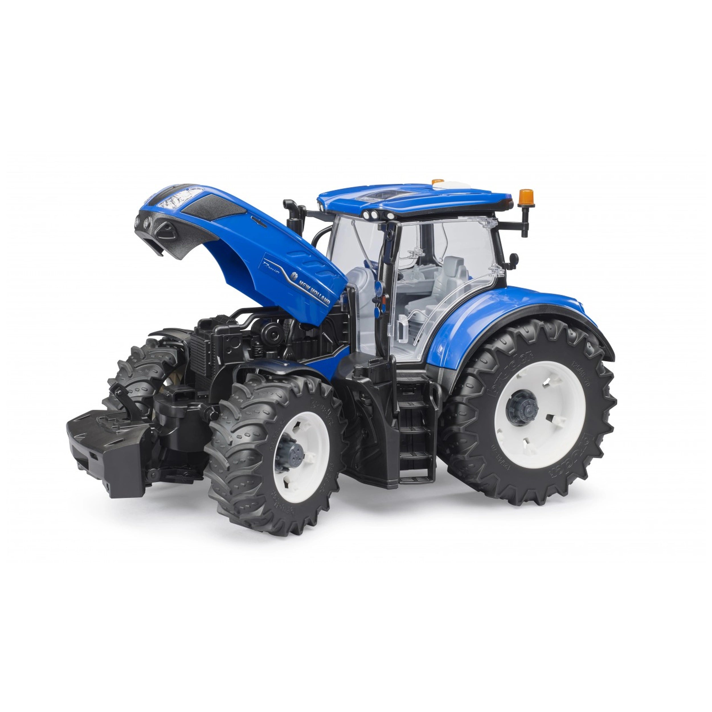Blue Bruder New Holland T7 315 toy tractor with open bonnet, revealing detailed engine and glazed cab.