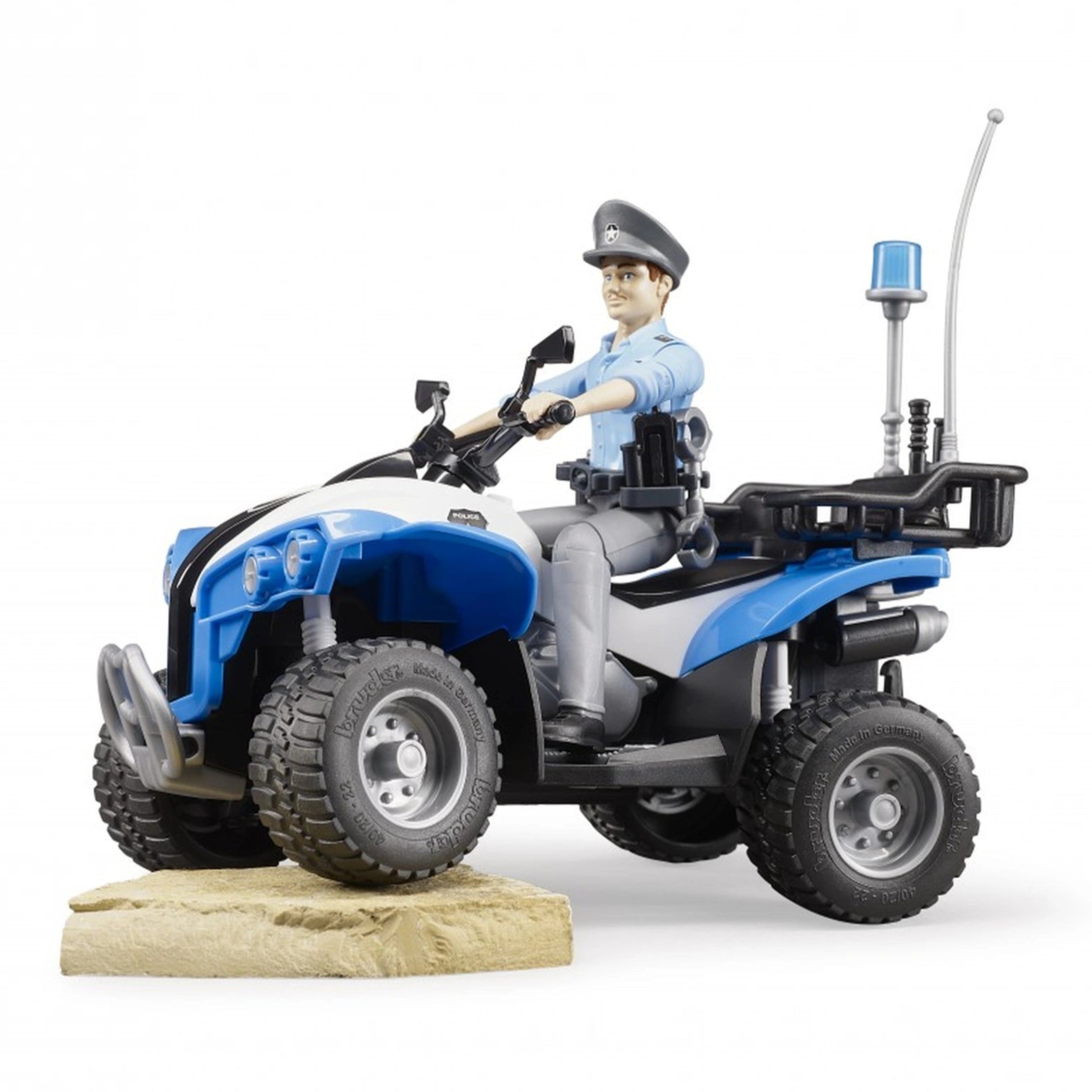 Police officer figurine on blue quad bike with accessories, featuring rugged tires and realistic details on sandy terrain.