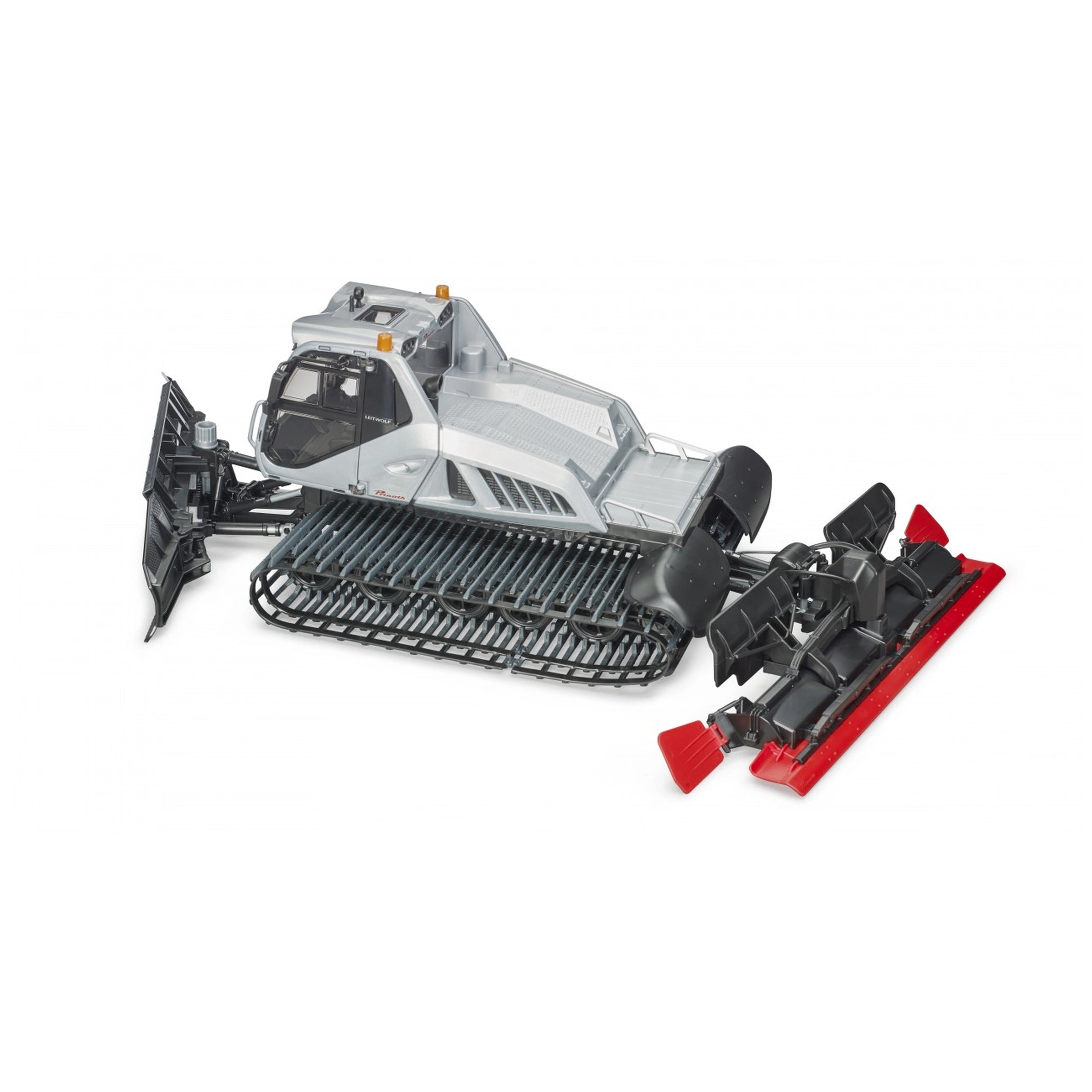 Bruder Prinoth Snow Groomer Leitwolf toy, detailed with tracks, a transparent cabin, and vibrant red snowplow attachments.