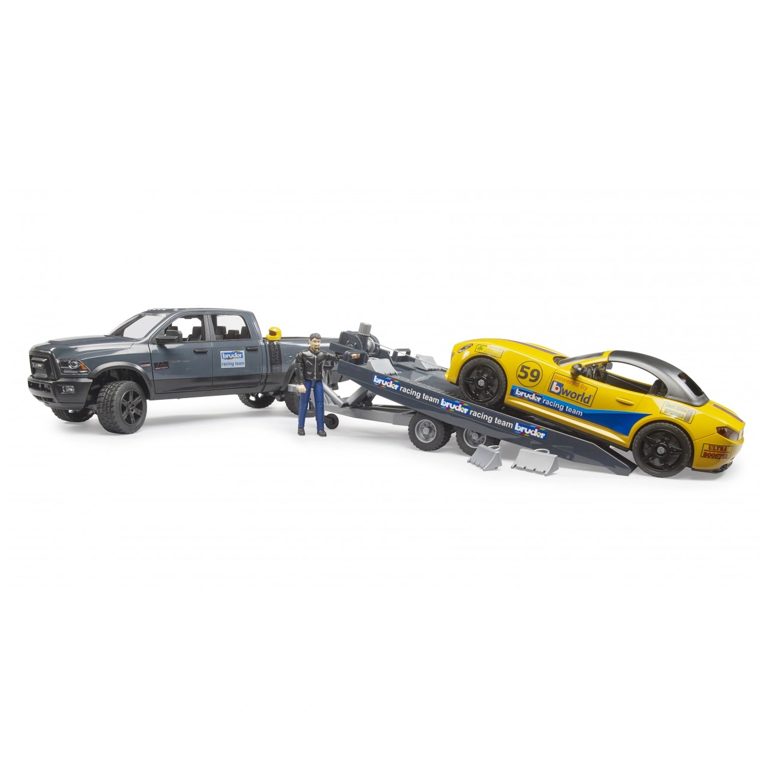 Bruder RAM Power Wagon towing yellow Roadster, with figure, on racing team trailer.