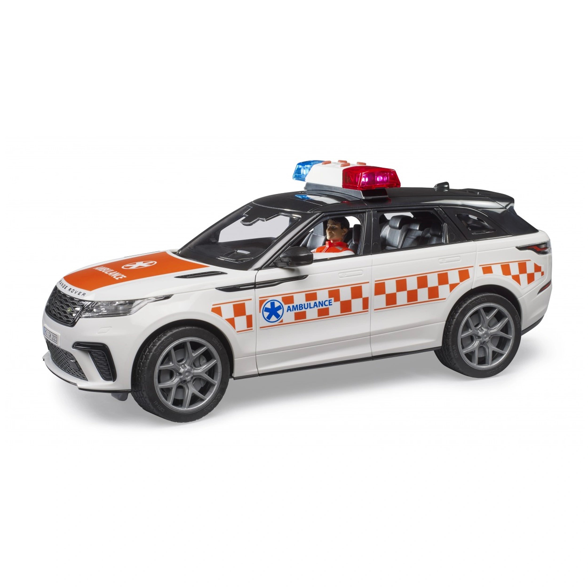 White Range Rover Velar emergency vehicle toy with red-orange checkered pattern, rooftop lights, and driver figurine inside.