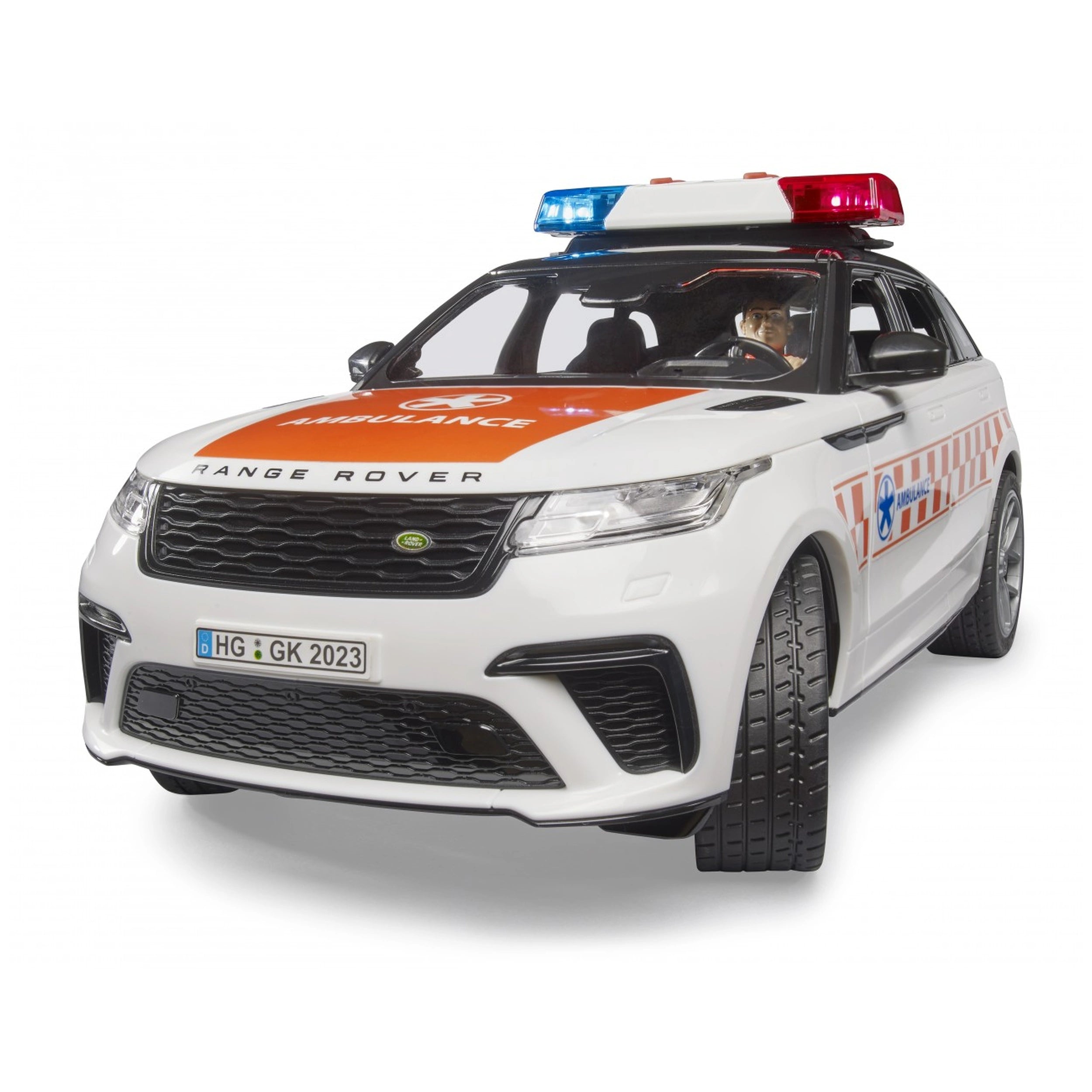 White Range Rover Velar toy ambulance with emergency lights and driver, featuring detailed design.