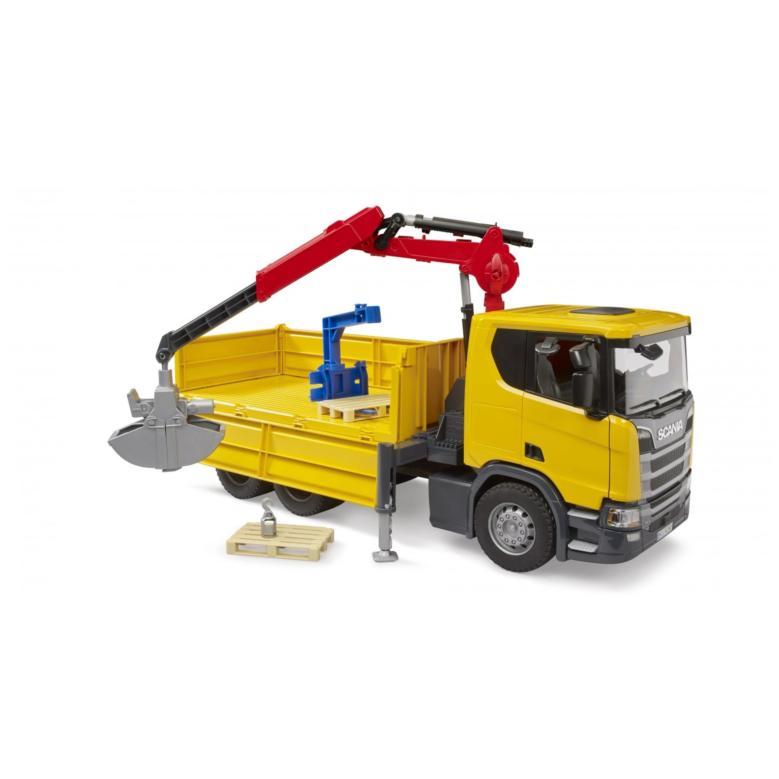 Yellow Bruder Scania truck with red crane, two pallets. Realistic construction toy for creative play, ages 4+.