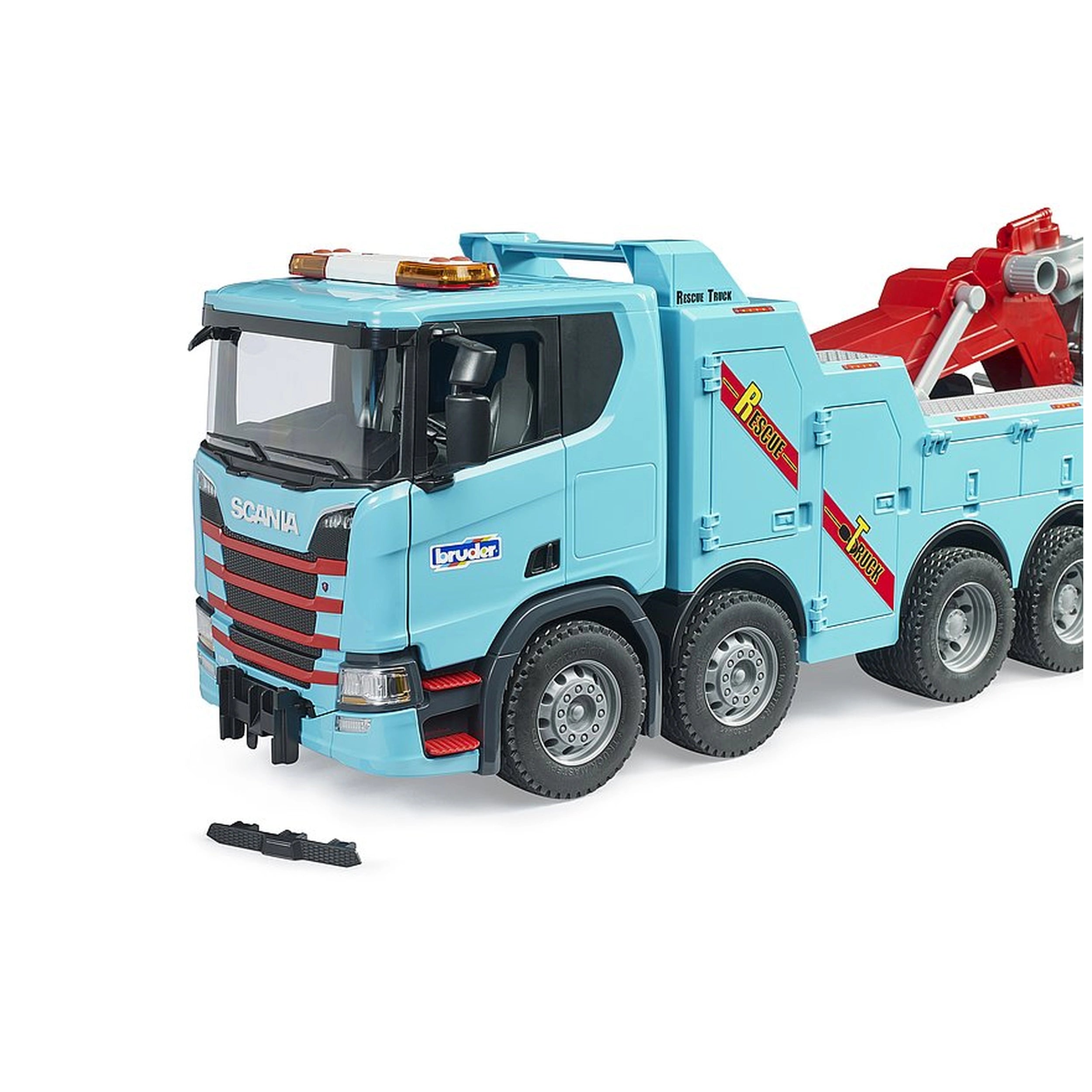 Blue Scania Super 560R toy tow truck with red accents and realistic details, featuring "Rescue Truck" branding.
