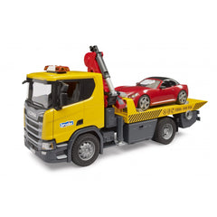 Yellow Scania tow truck with a red Roadster on back, featuring extendable crane and realistic details for imaginative play.