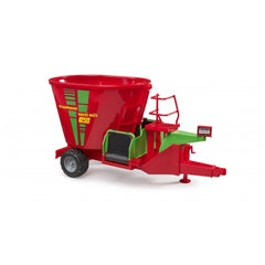 Red and green Bruder Strautmann Verti-Mix 1050 Fodder Mixer toy with rotating cutters and digital display.