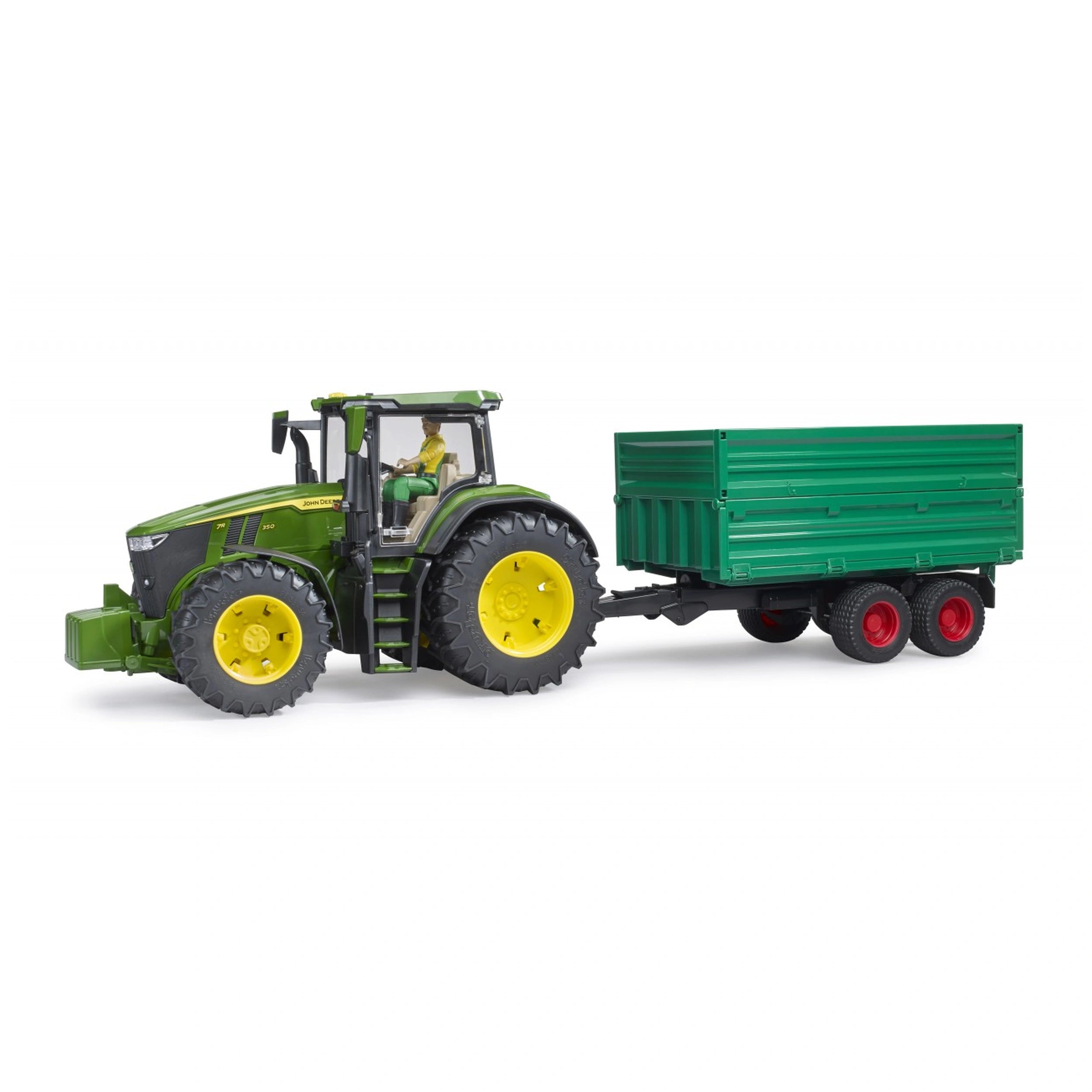 Green toy tractor with yellow wheels towing a green tandem axle tipping trailer, designed for imaginative farming play.