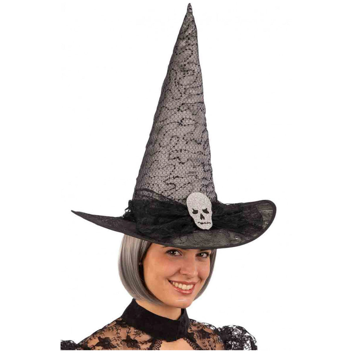Carnival Toys - Grey Witch Hat With Skull And Voile For Halloween Fun - Pretend Professions And Role Playing
