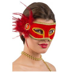Carnival Toys - Red Velvet Mask With Feathers And Gem For Imaginative Play - Pretend Professions And Role Playing
