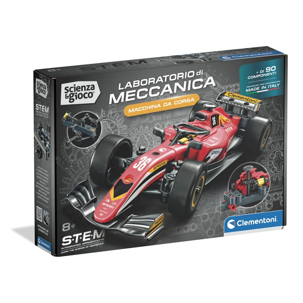 Clementoni Scienza e Gioco Laboratorio di Meccanica - Speed Racer Racing Car Construction Set for Kids Ages 8 Years+ - Mechanical Engineering Travel Creative Box with Rack and Pinion Steering, Pistons and 90+ Pieces
